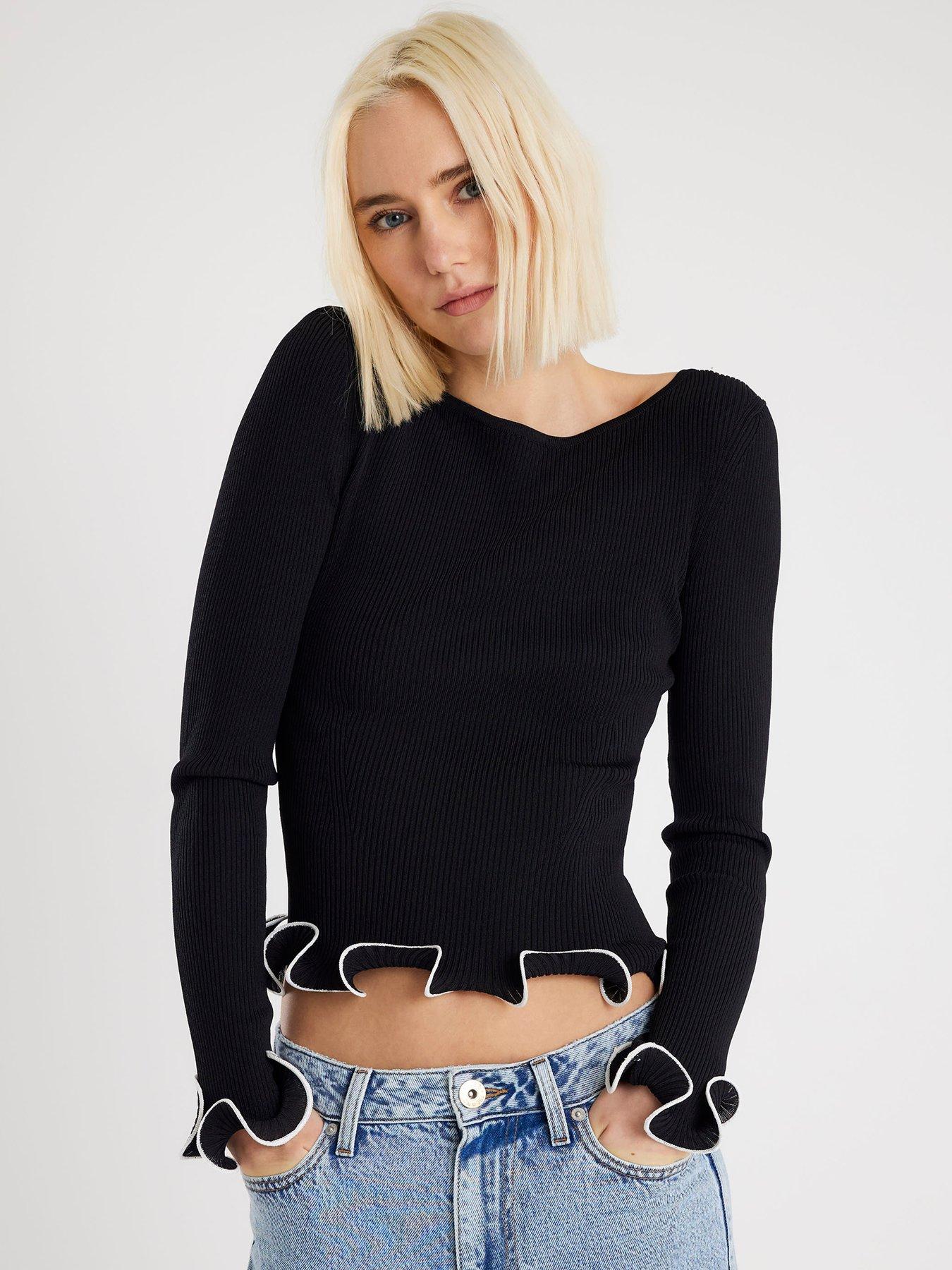 Image 1 of 4 of River Island Scallop Detail Long Sleeve Top - Black