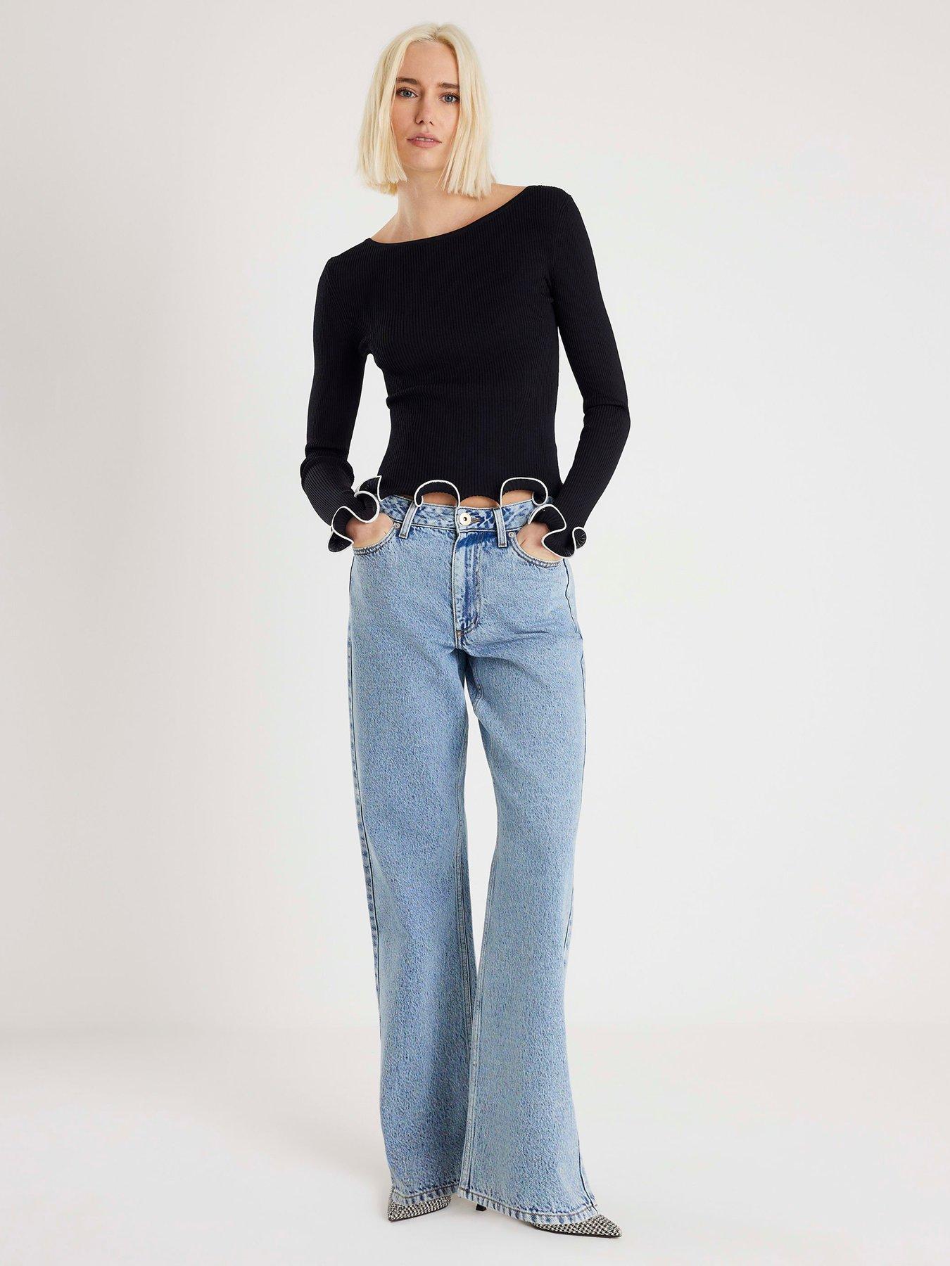 Image 3 of 4 of River Island Scallop Detail Long Sleeve Top - Black