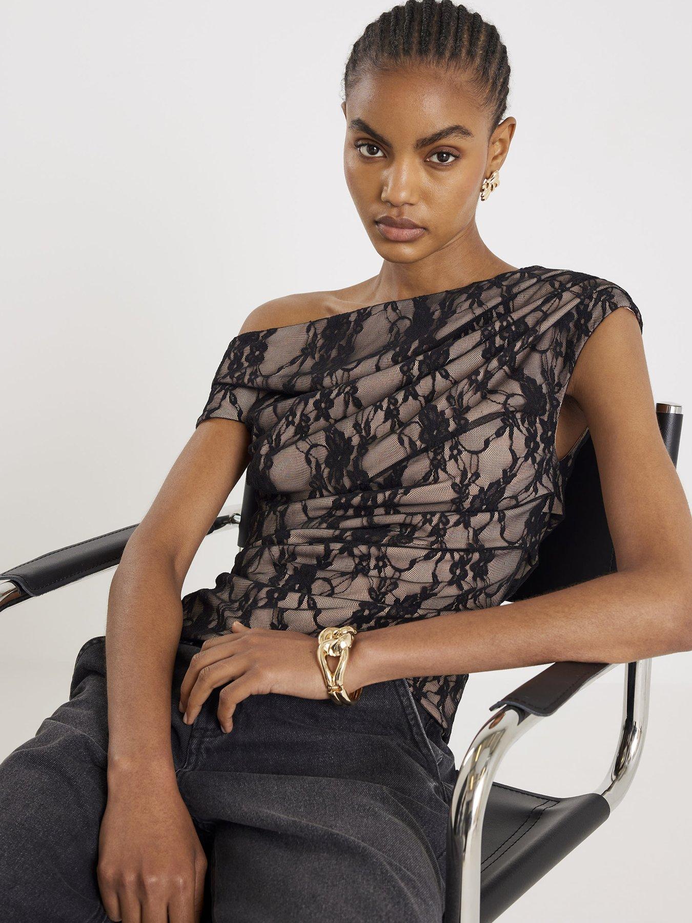 River Island Short Lace Drape Top - Black