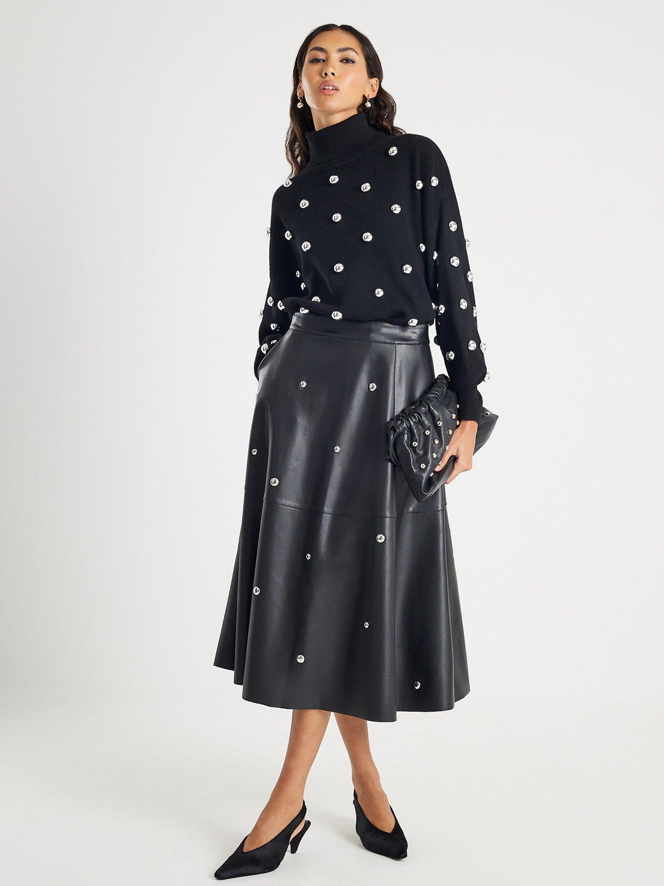 River Island Faux Leather Studded A line Midi Skirt - Black