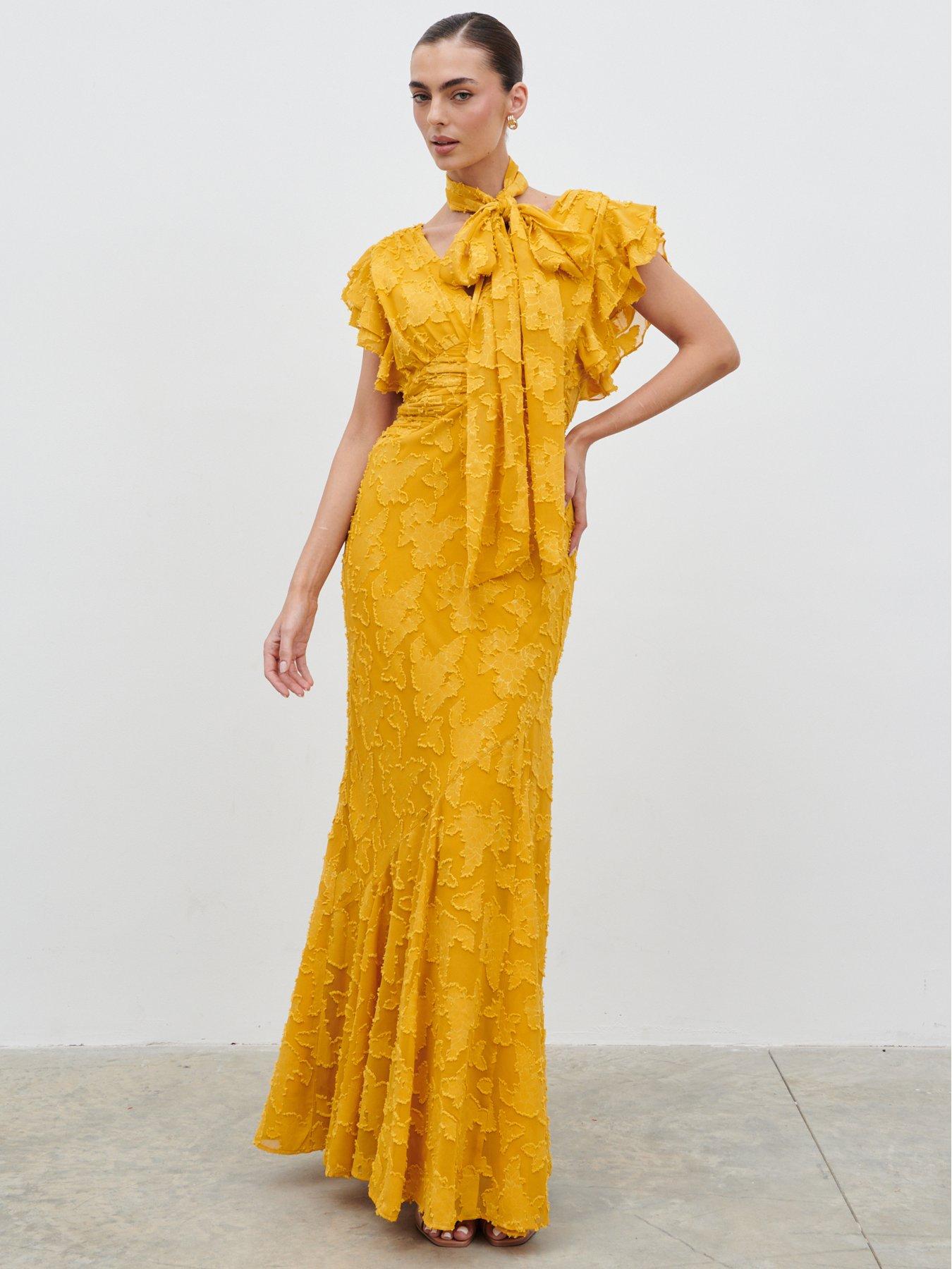 Pretty Lavish Katelynn Frill Jacquard Maxi Dress - Yellow Ochre