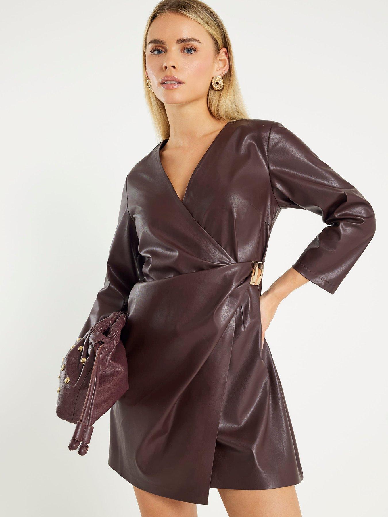 River Island Petite Trim Detail Pu Wrap Dress - Red