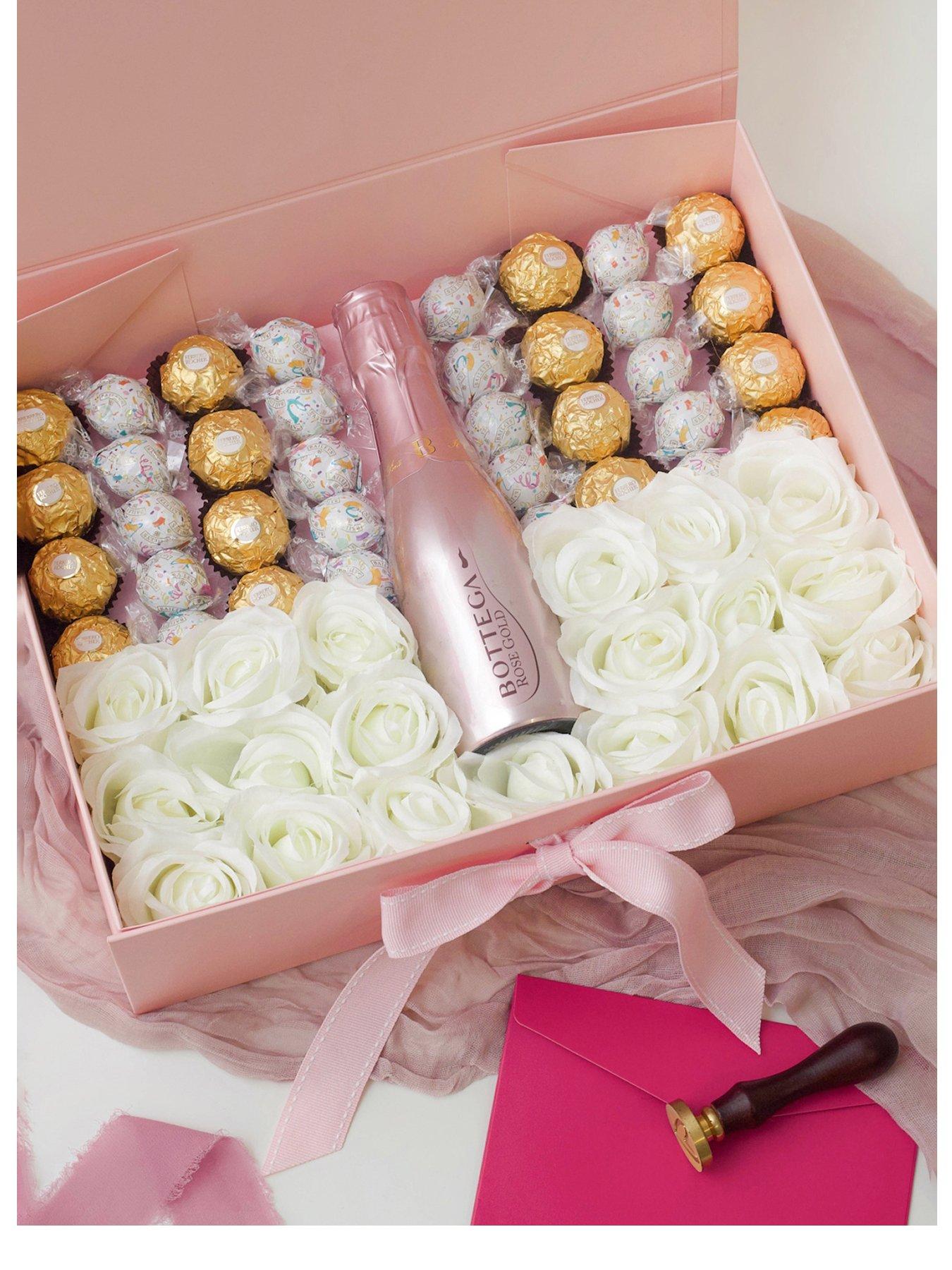 Luxury Birthday Pink Prosecco Hamper with White Roses and Chocolates