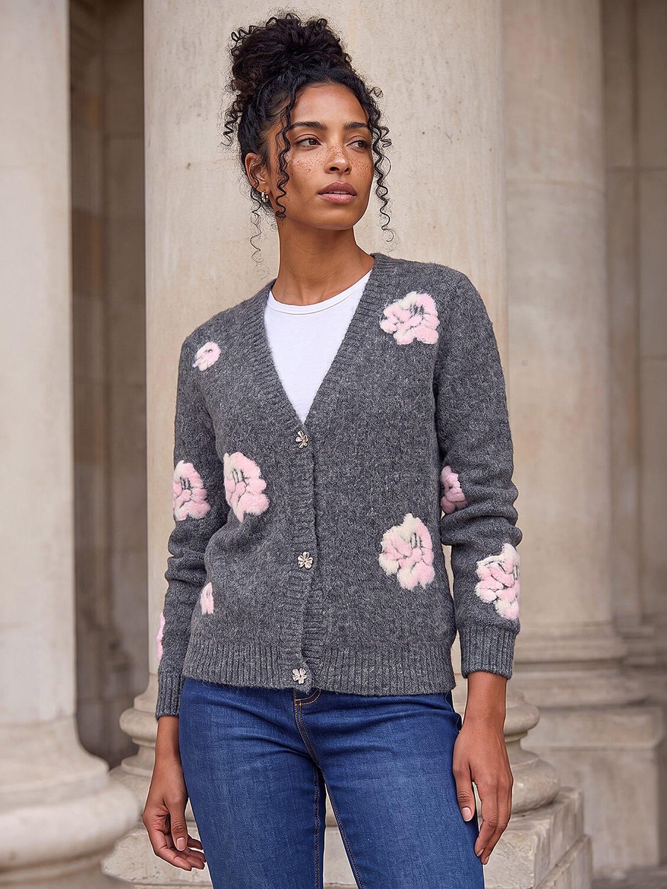 Roman Embossed Floral Knit Cardigan, Grey, Size 14, Women