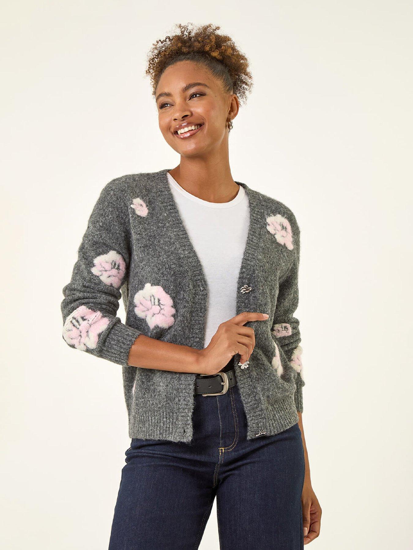 Roman Embossed Floral Knit Cardigan - Grey
