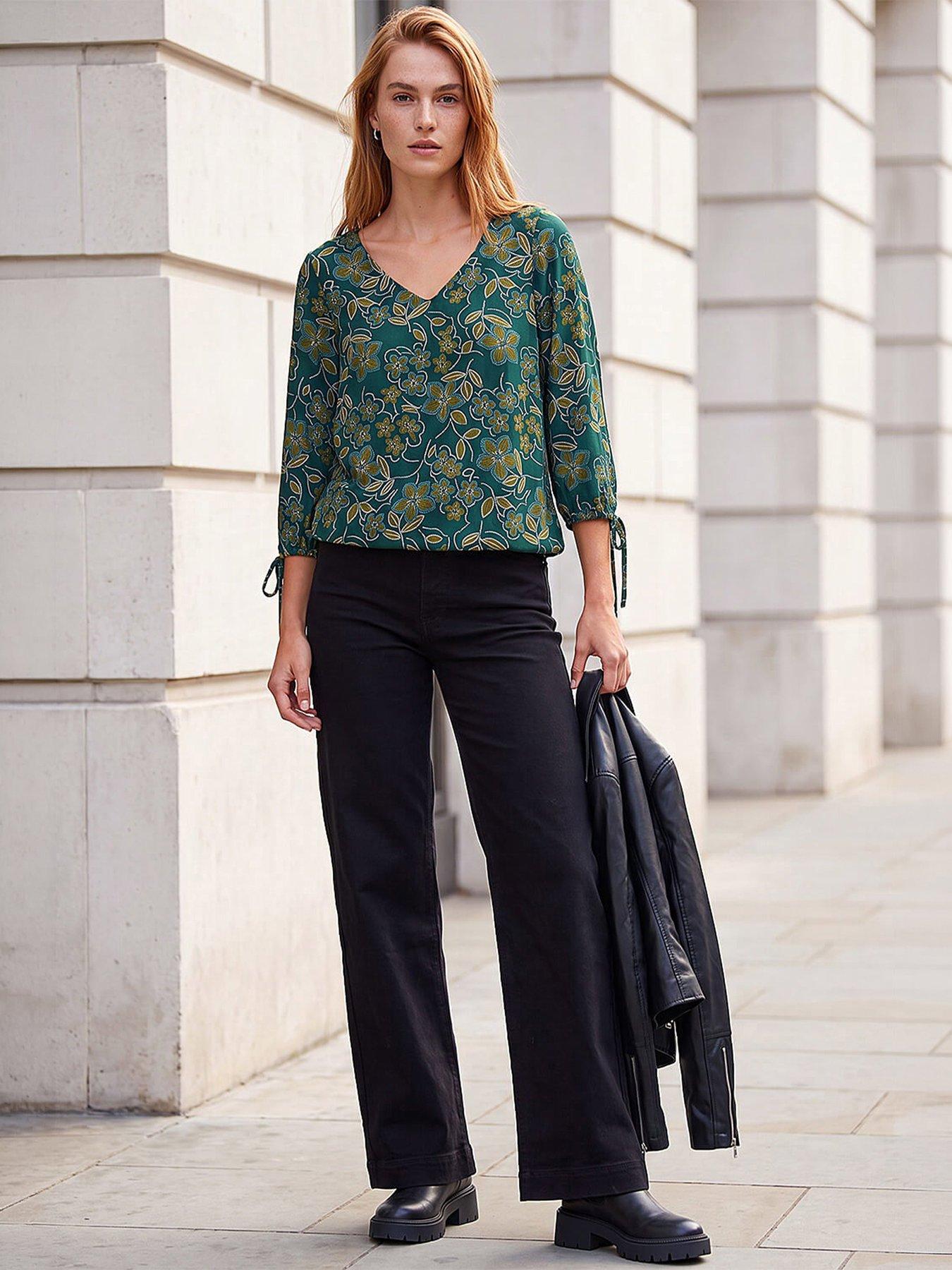 Roman Olive Floral V-Neck Stretch Top - Image 3