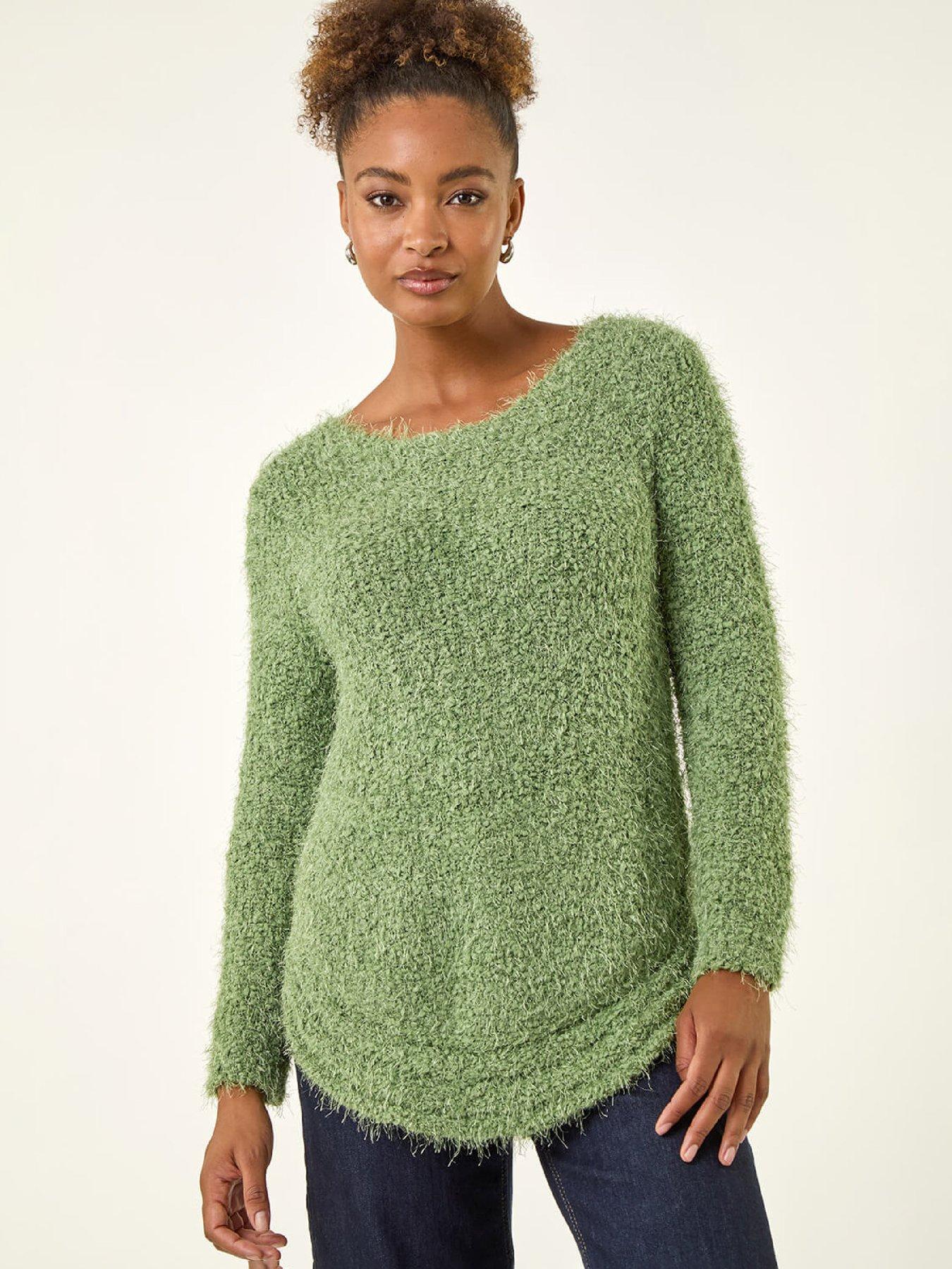 Roman Fluffy Knit Curved Hem Knit Jumper - Green