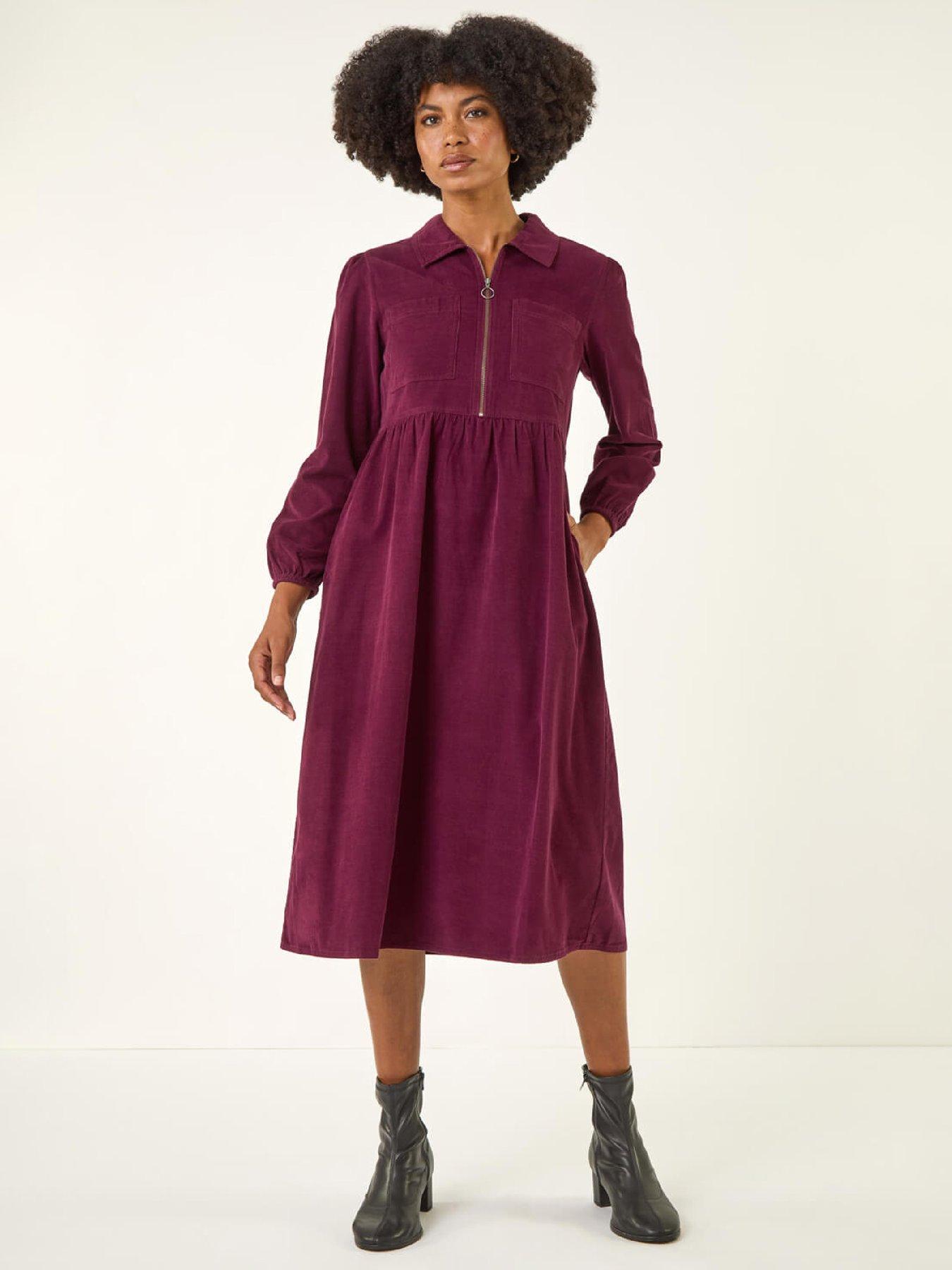 Roman Corduroy Zip Detail Midi Dress - Port