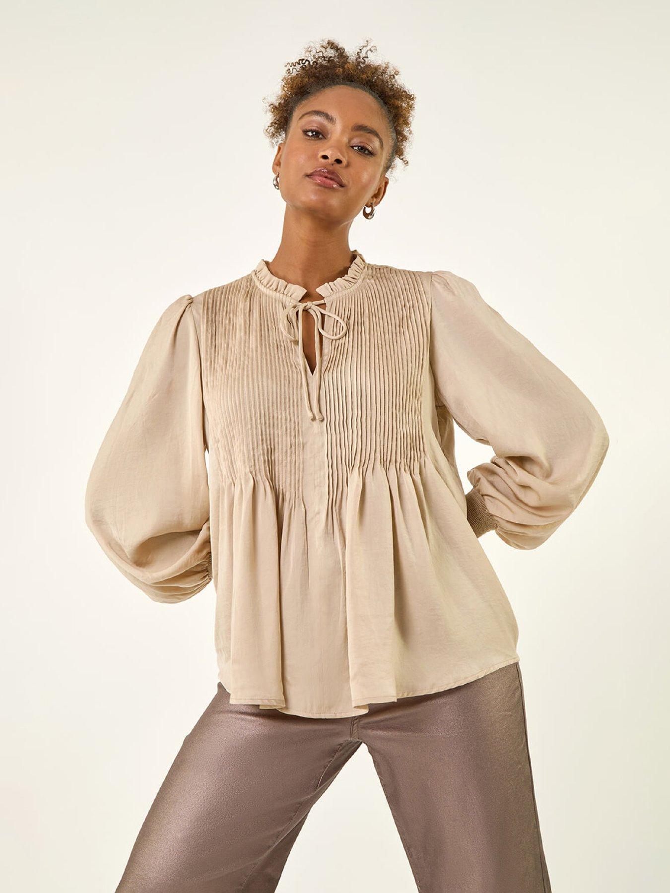 Roman Satin Pleated Tie Neck Top - Stone