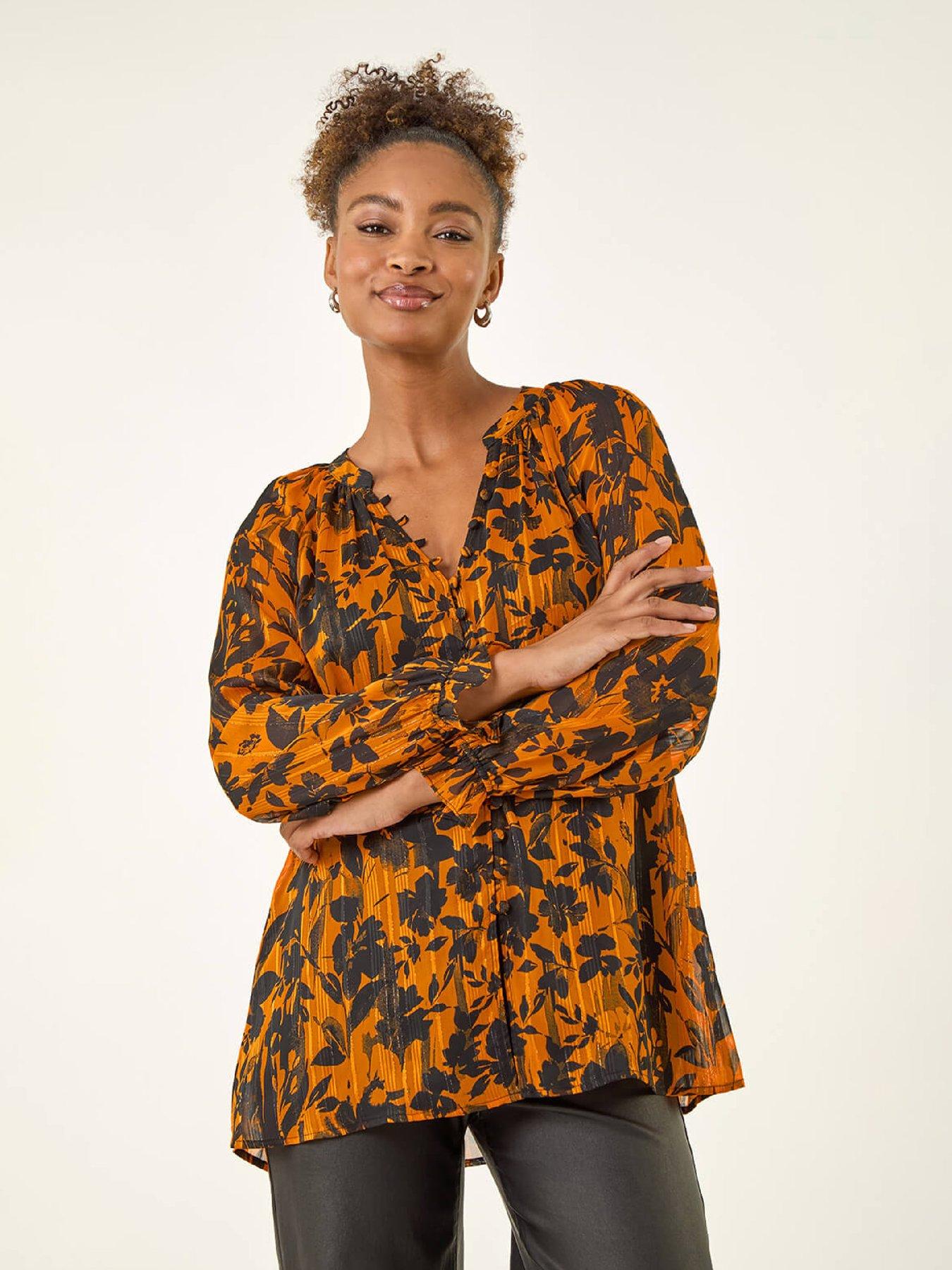 Roman Metallic Floral Buttoned Blouse - Orange