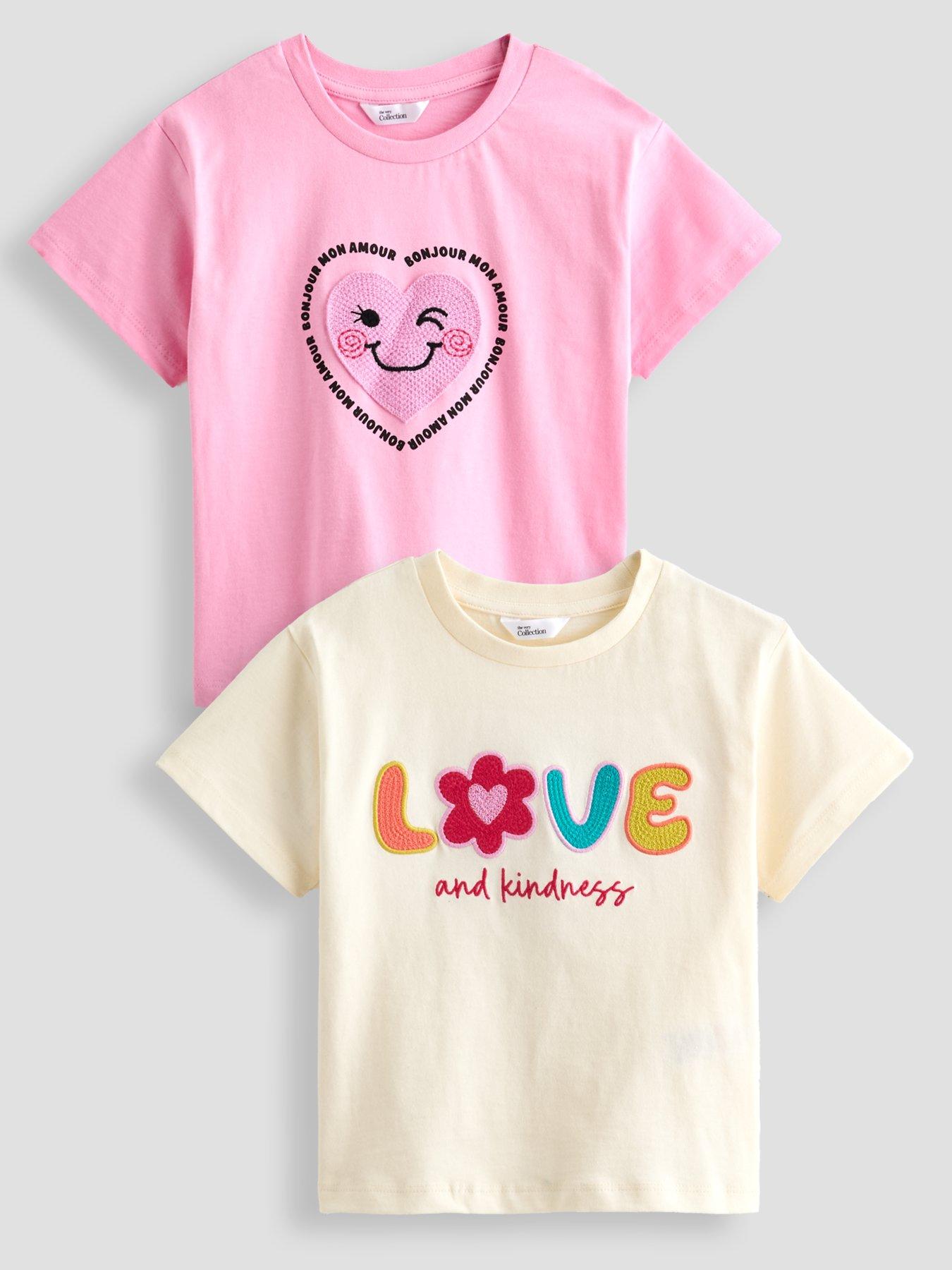 Image 1 of 5 of The Very Collection Girls 2 Pack Short Sleeve Cotton Rich Crochet Trim Heart T-shirts - Multi
