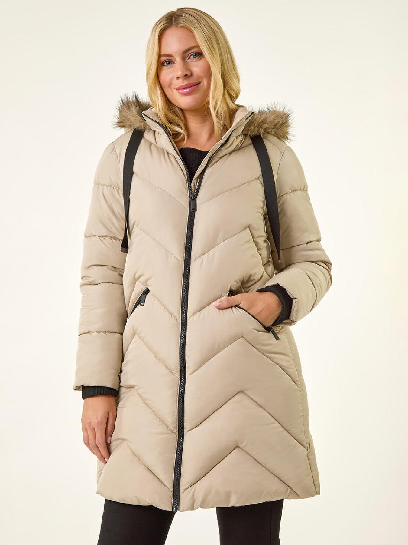 Roman Petite Contrast Zip Puffer Coat - Ivory