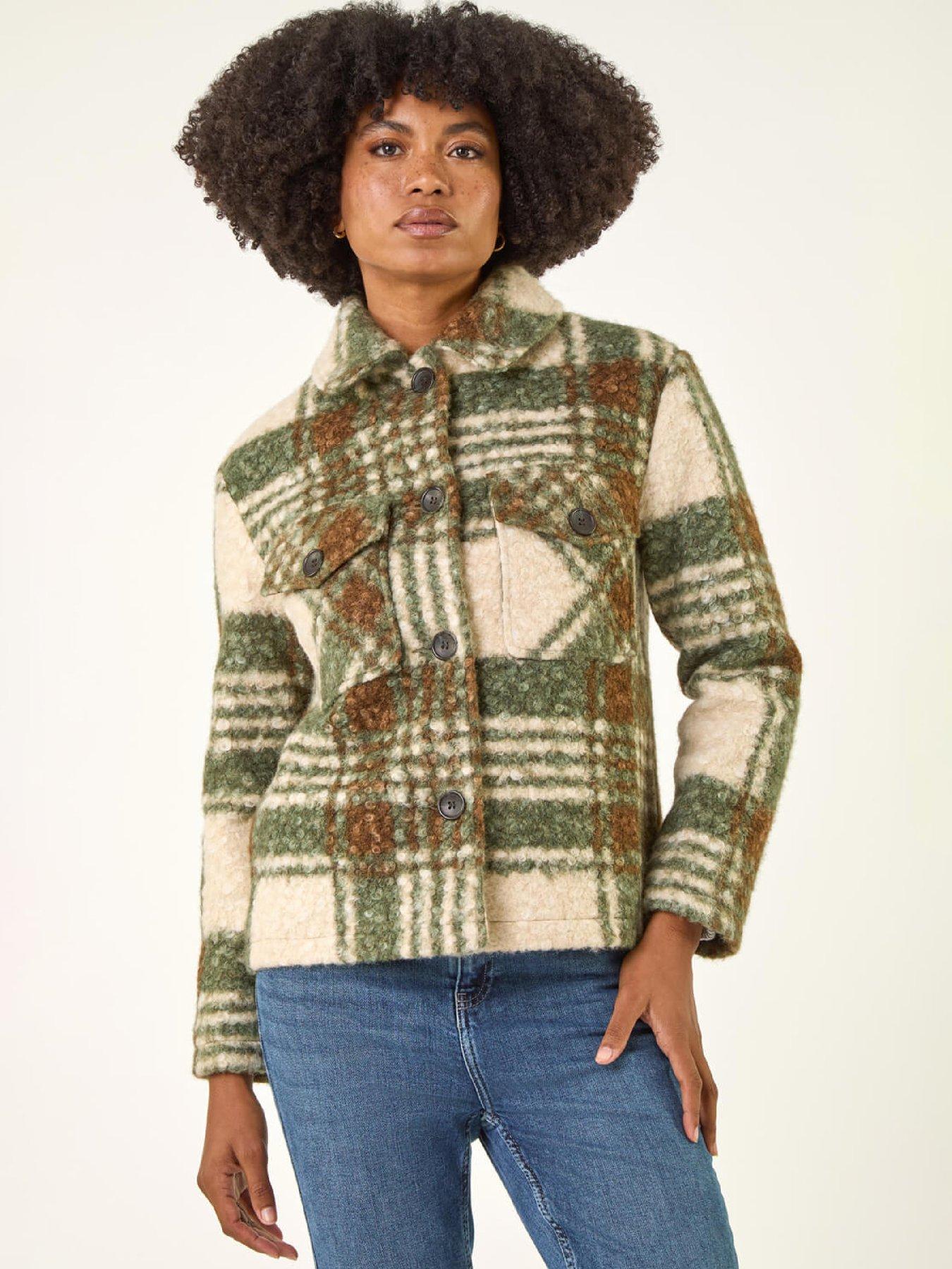Image 1 of 5 of Roman Check Print Button Borg Jacket - Green