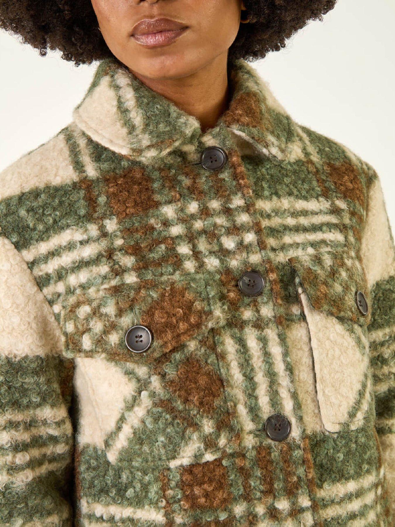 Image 5 of 5 of Roman Check Print Button Borg Jacket - Green