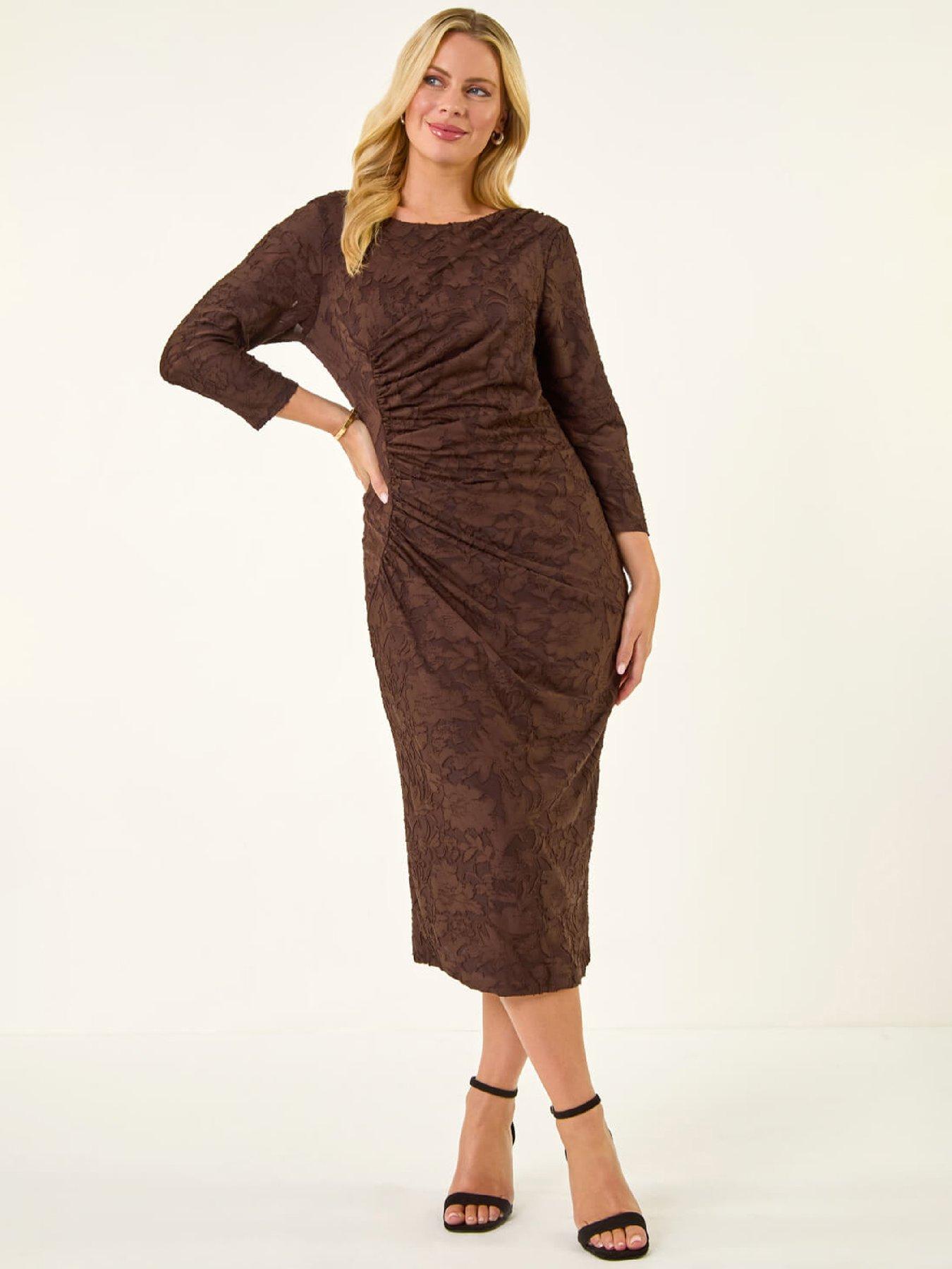 Roman Petite Jacquard Ruched Stretch Dress - Chocolate