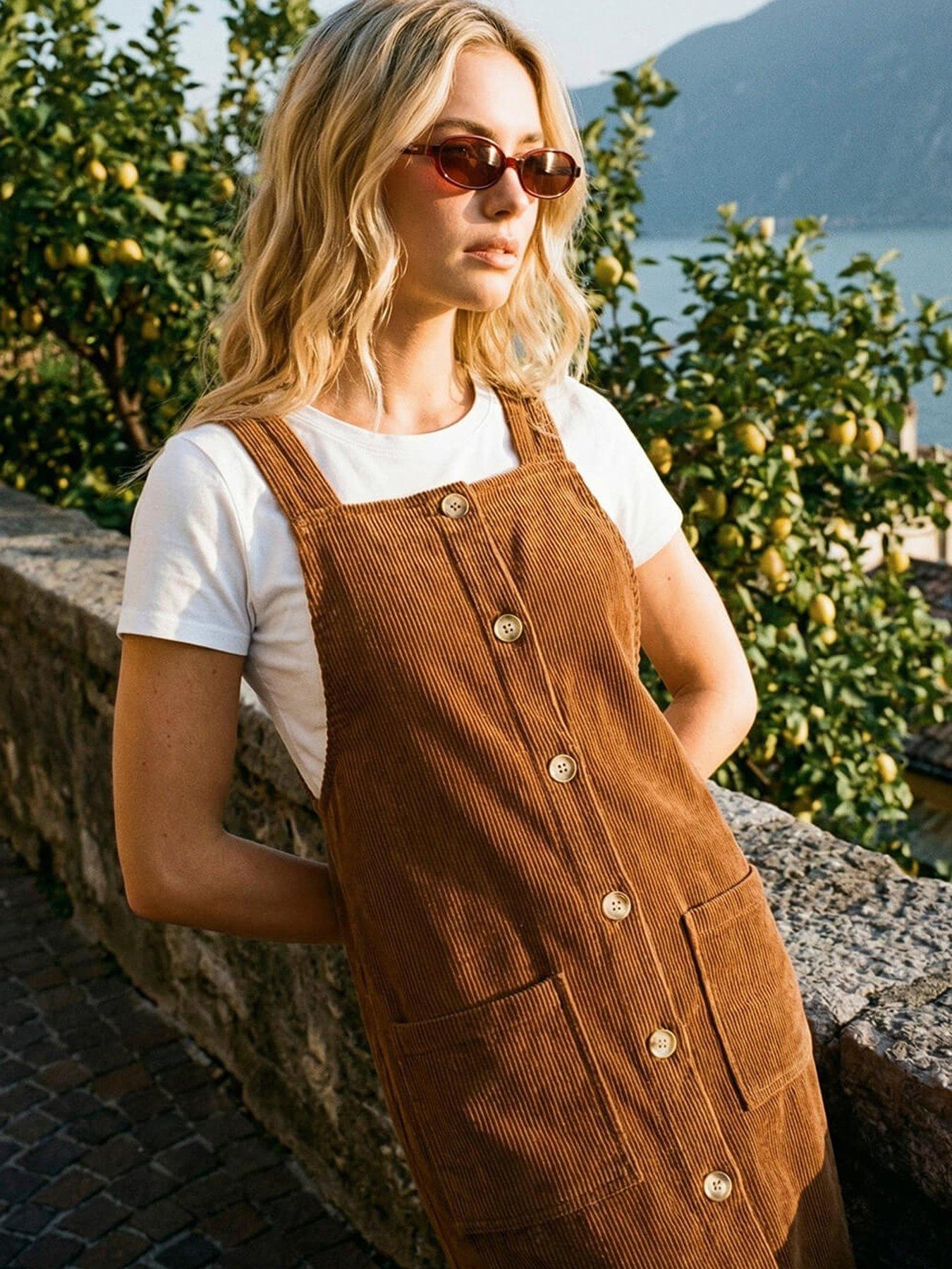 Roman Corduroy Pinafore Midi Dress - Chocolate