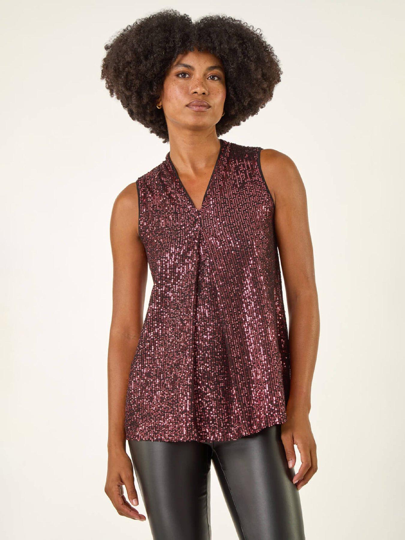 Roman Sequin Pleat Front Vest Top - Rose