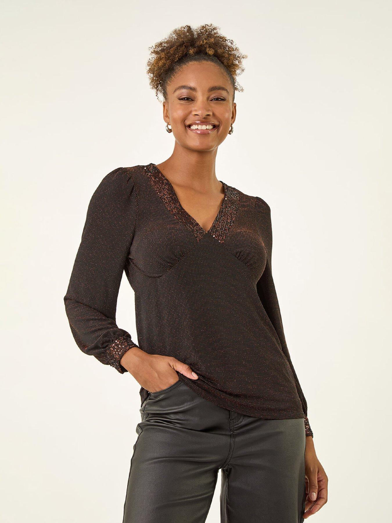 Roman Brillo Sequin V-neck Top - Bronze