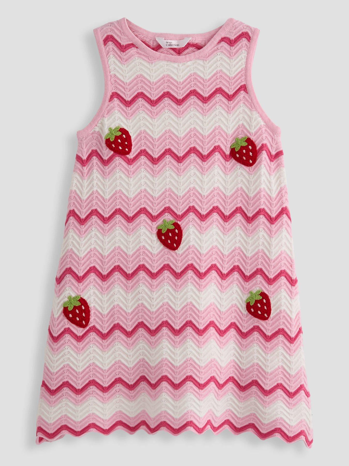 The Very Collection Girls Knitted Stripe Dress With Strawberry Crochet - Pink
