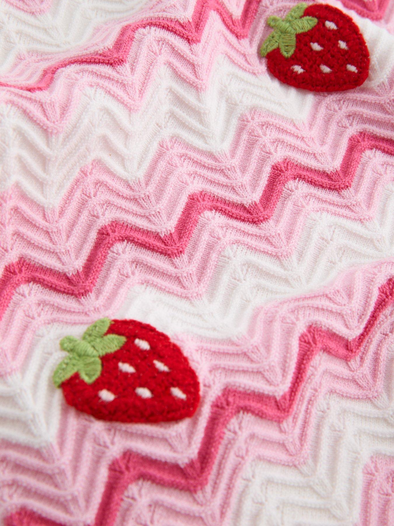 Image 4 of 4 of The Very Collection Girls Knitted Stripe Dress With Strawberry Crochet - Pink