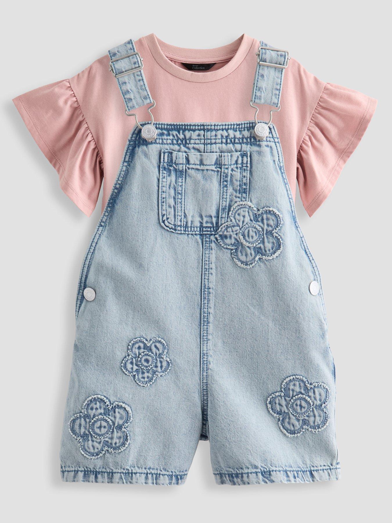 Image 1 of 5 of The Very Collection Girls Jean Pinny Outfit With Flowers - Mid Wash