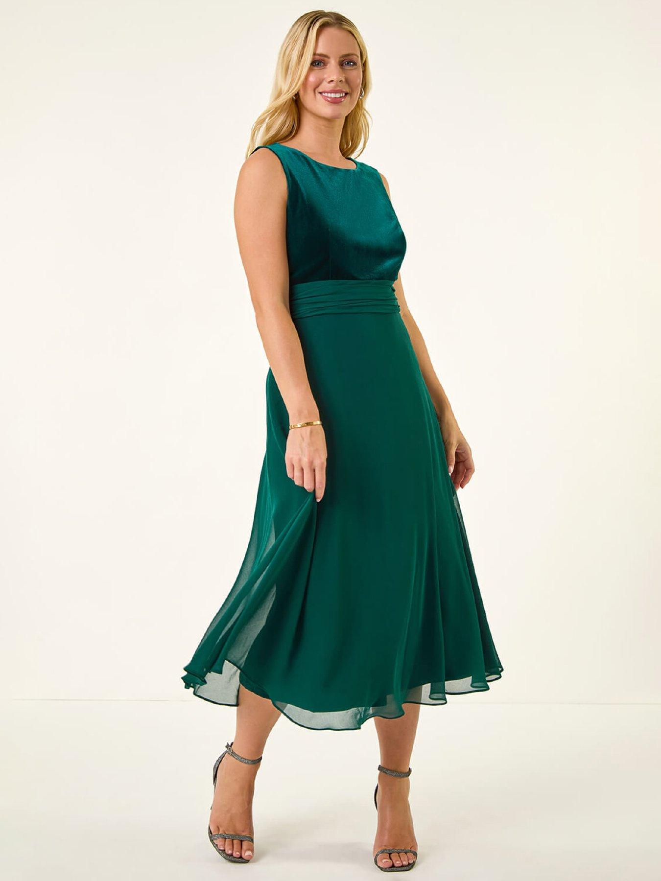 Roman Petite Velvet Bodice Midi Dress - Forest - Green