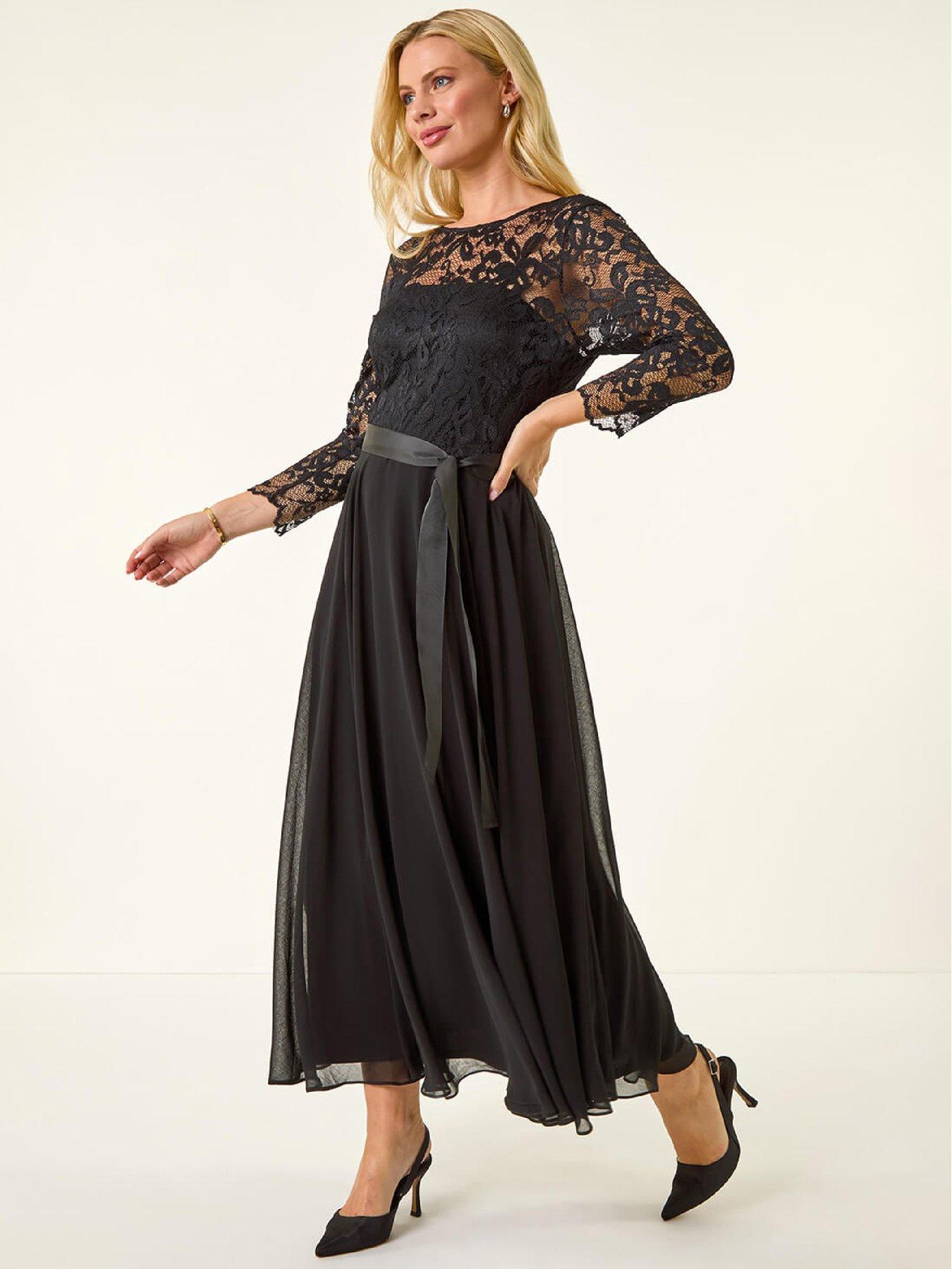 Roman Petite Lace Contrast Bodice Dress - Black