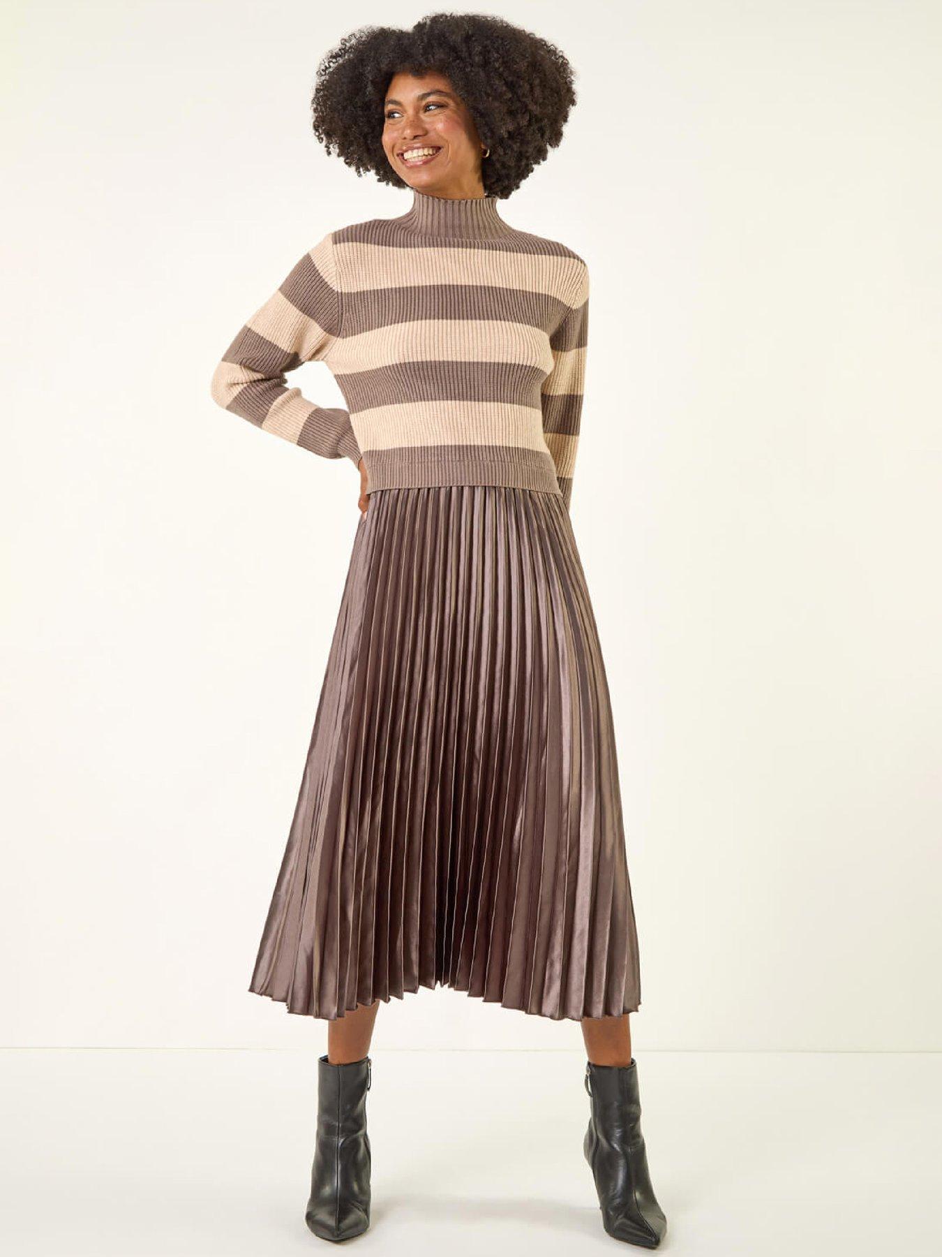 Roman Stripe Knit Bodice Pleated Skirt Dress - Tan