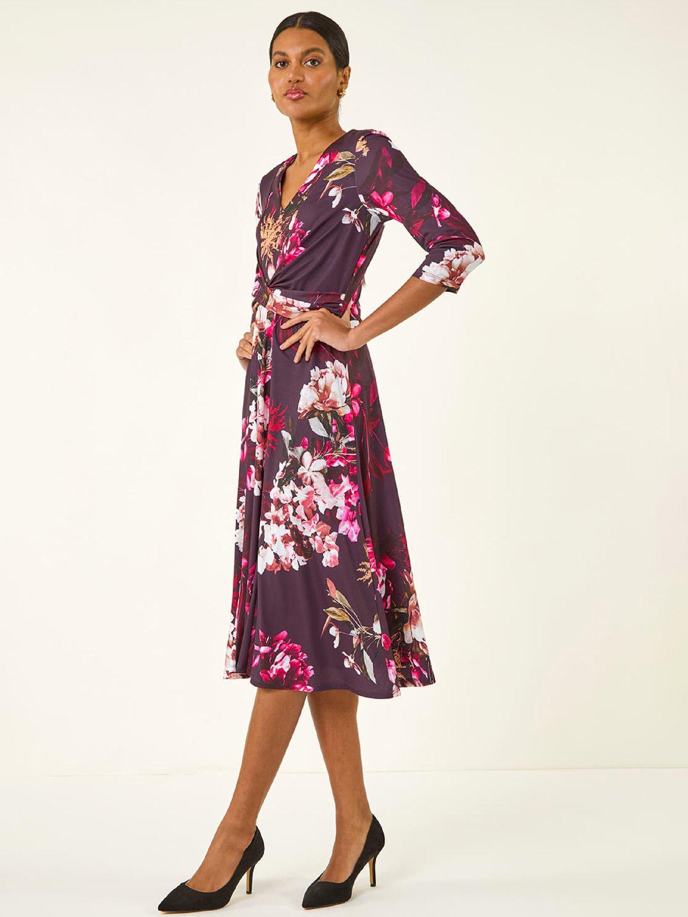 Roman Floral Crossover Stretch Midi Dress - Wine