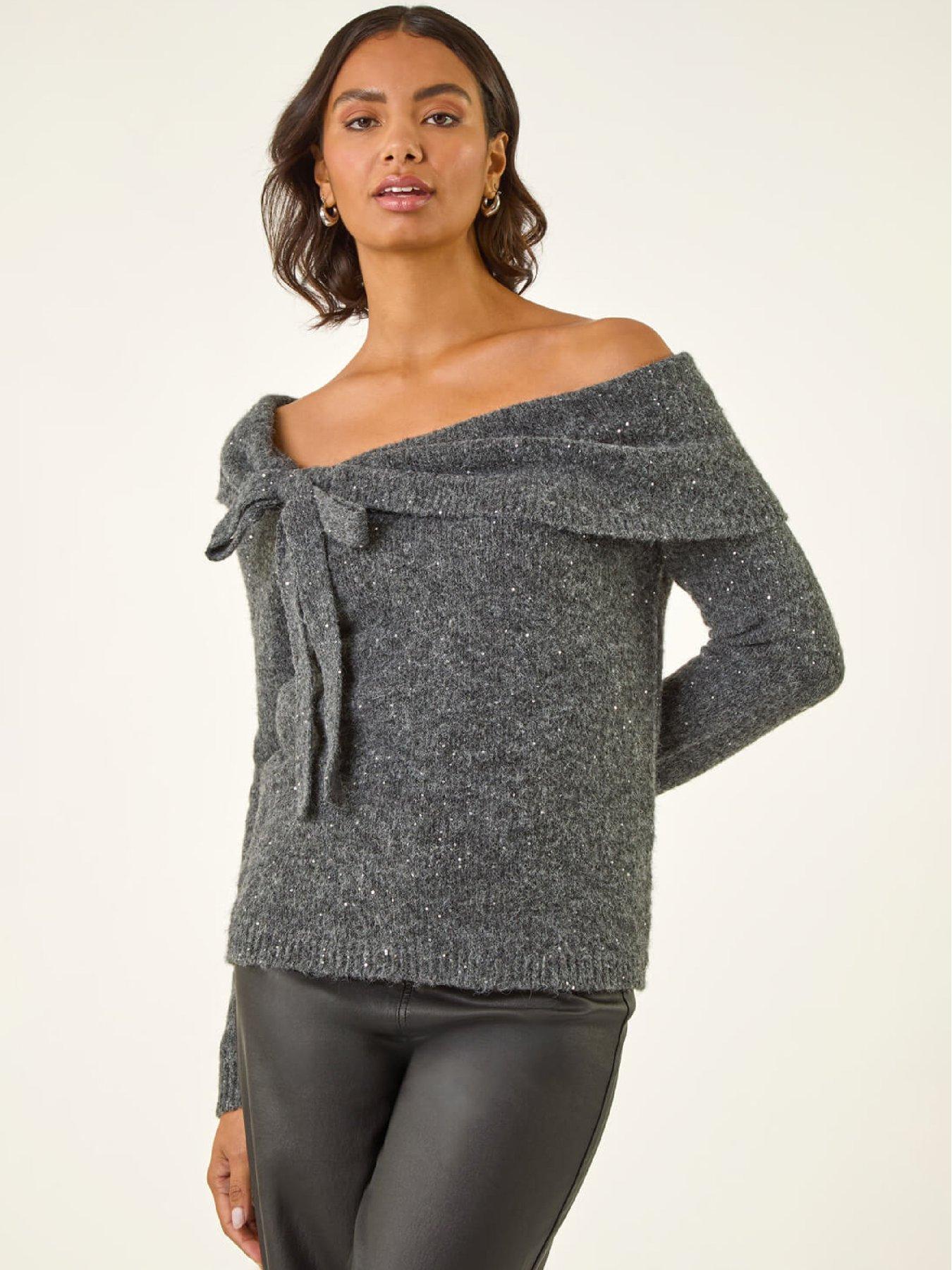 Roman Bardot Sequin Knit Jumper, Grey, Size 14, Women