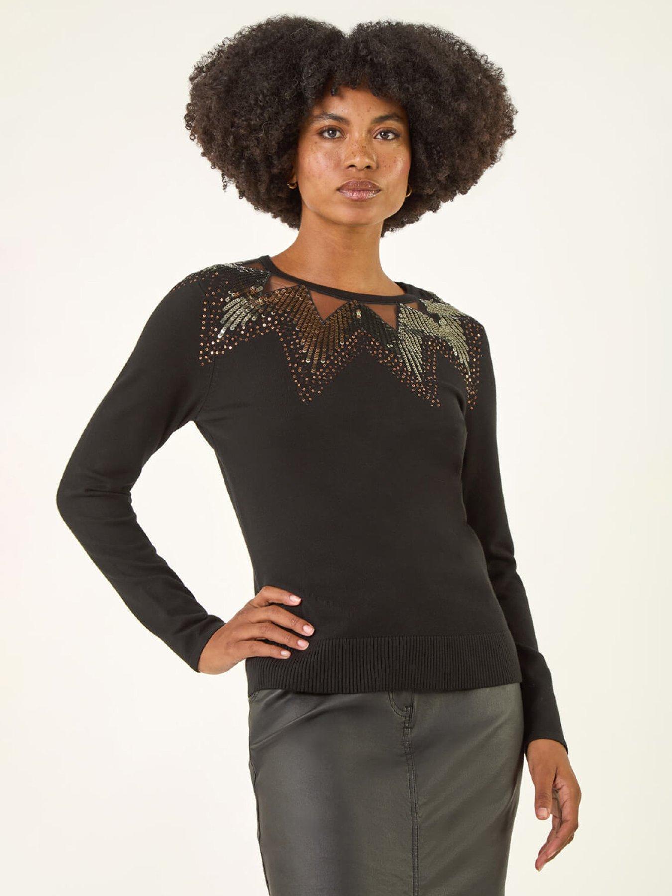Roman Sequin Mix Knit Top - Black