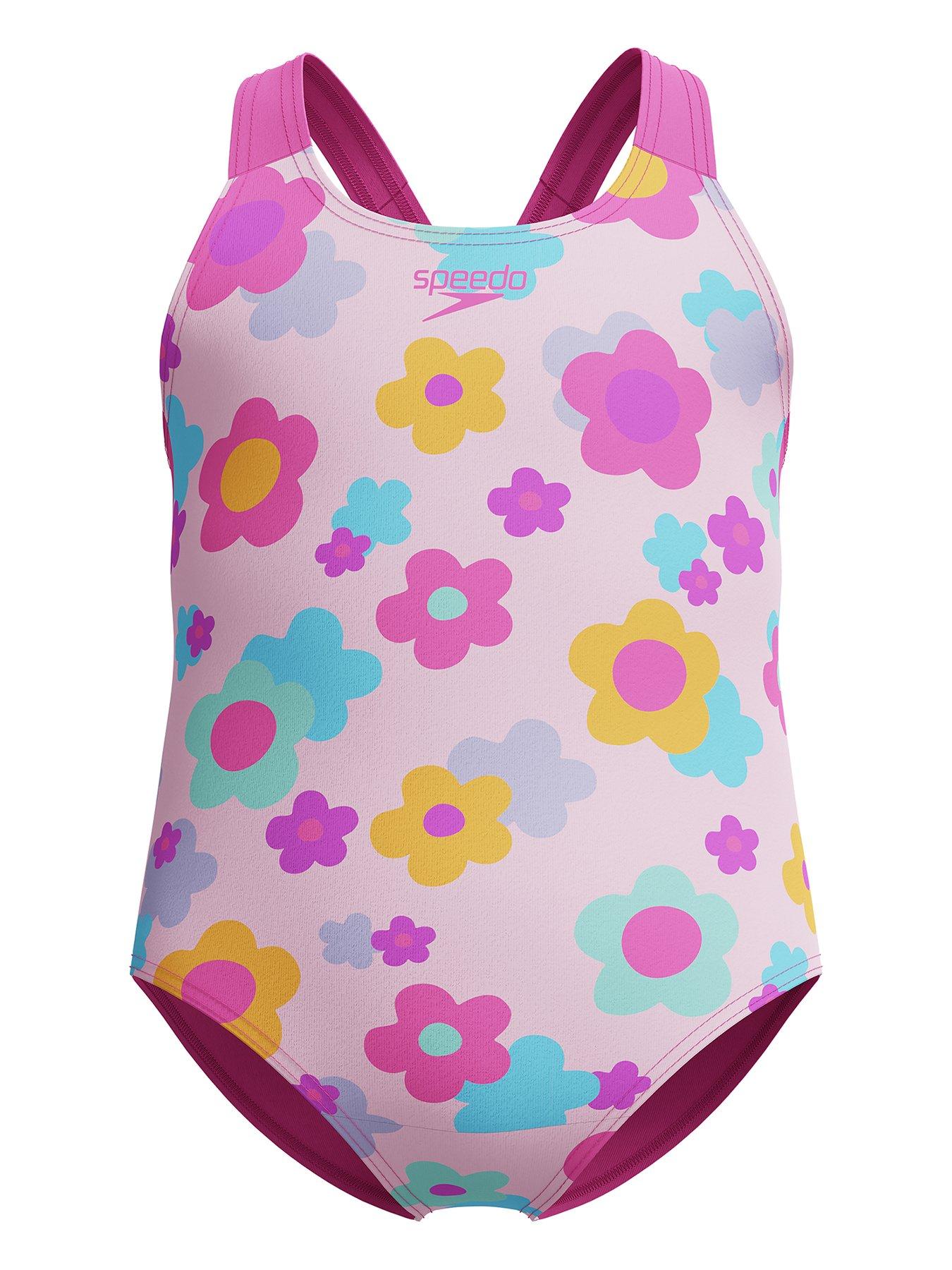 Speedo Girls Print Racerback One Piece Swimming Costume - Pink