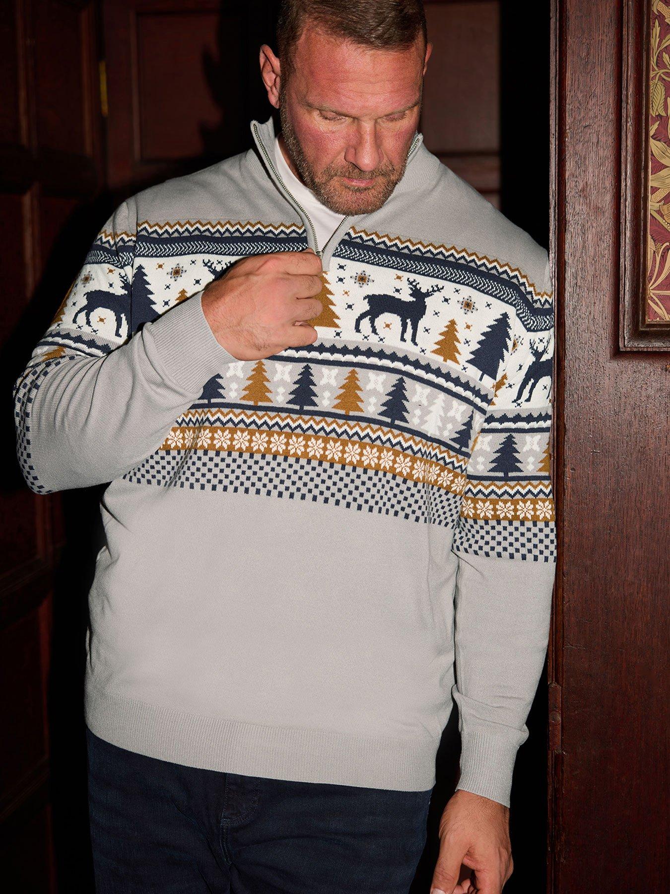 BadRhino Stag Quarter Zip Fairisle Knitted Christmas Jumper - Grey