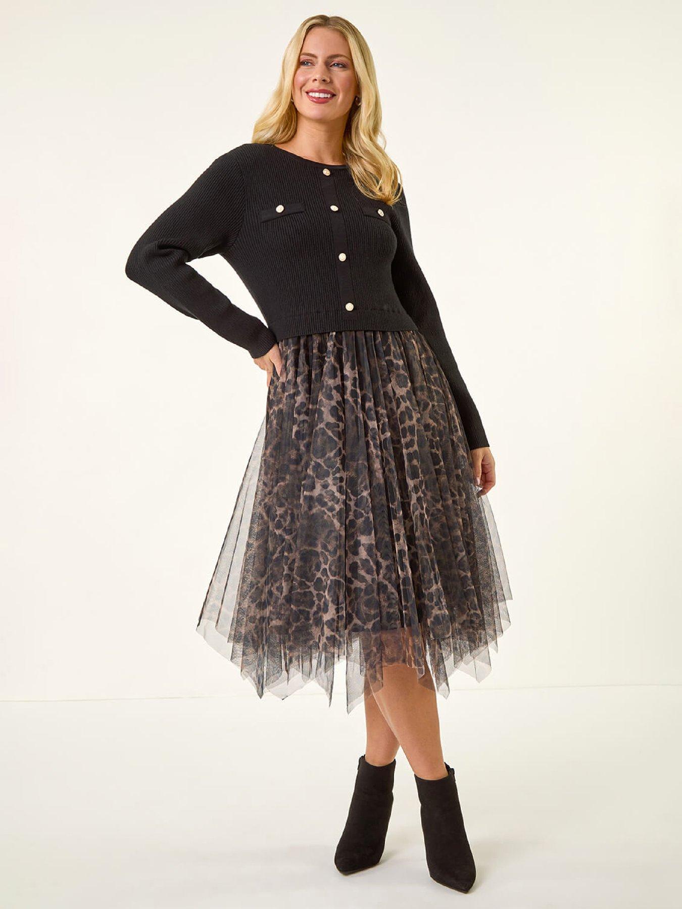Roman Petite Animal Knitted Mesh Dress - Black