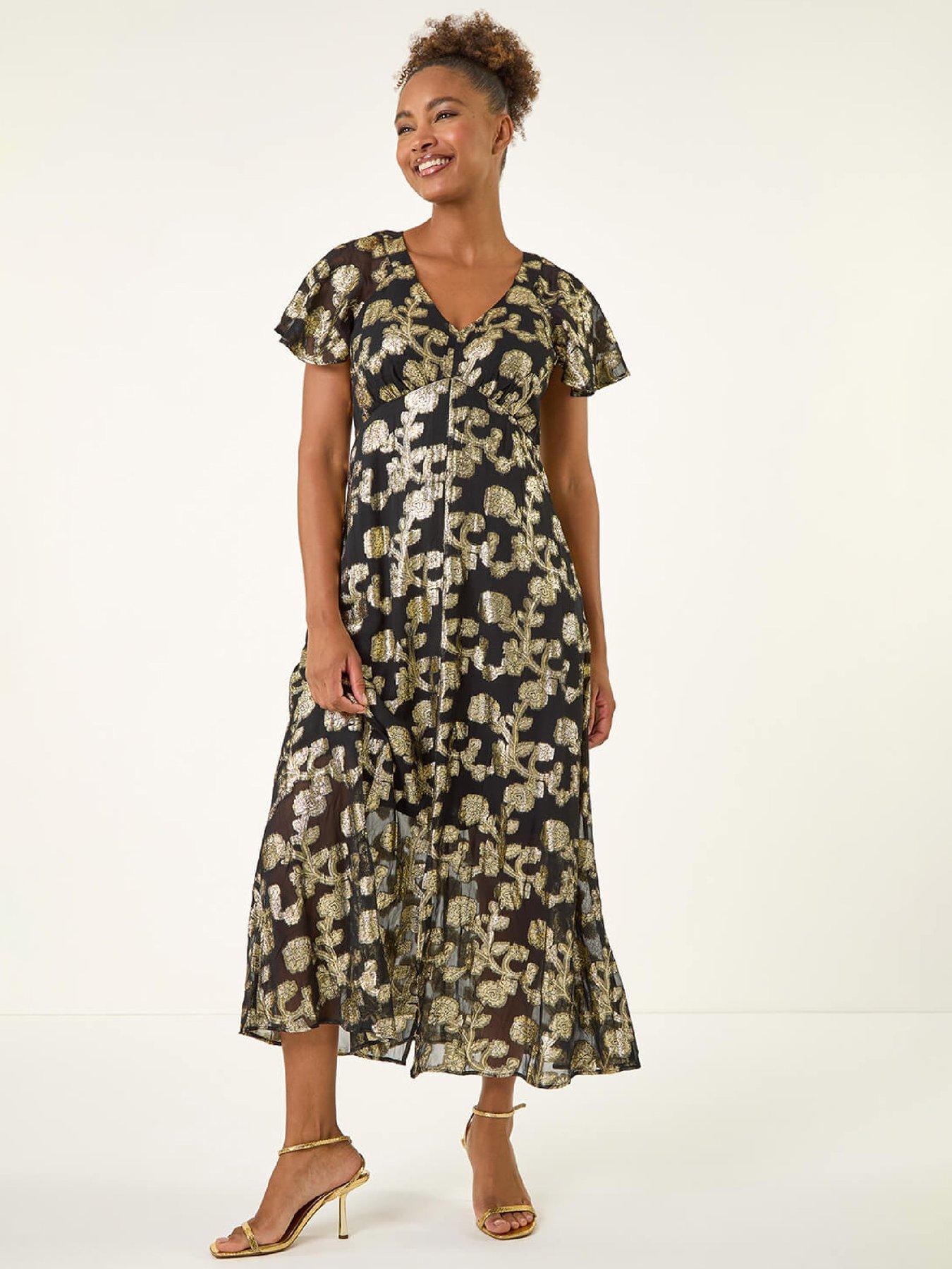 Roman Burnout Floral Frill Midi Dress - Black