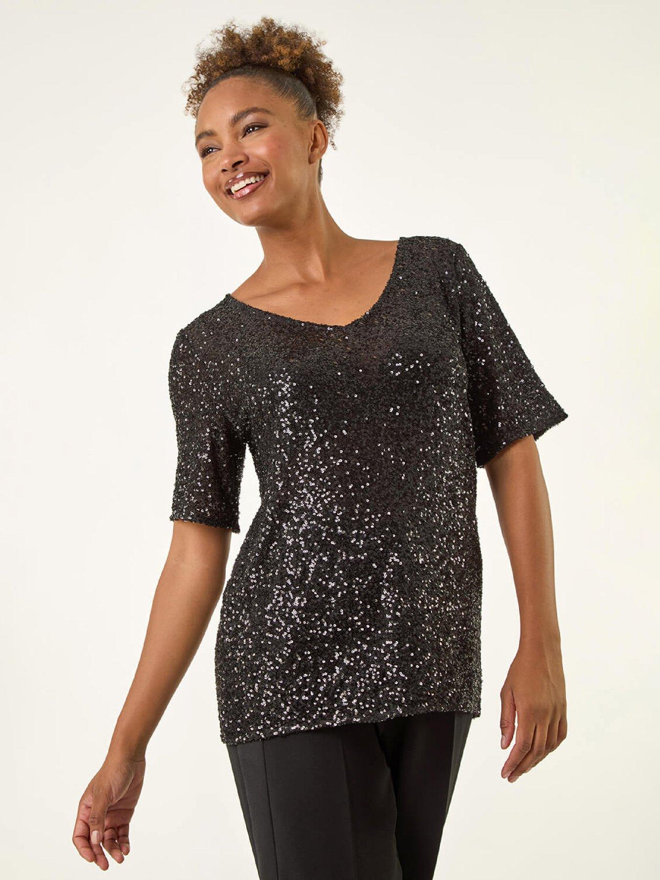 Roman Sequin Embellished V-neck Top - Black