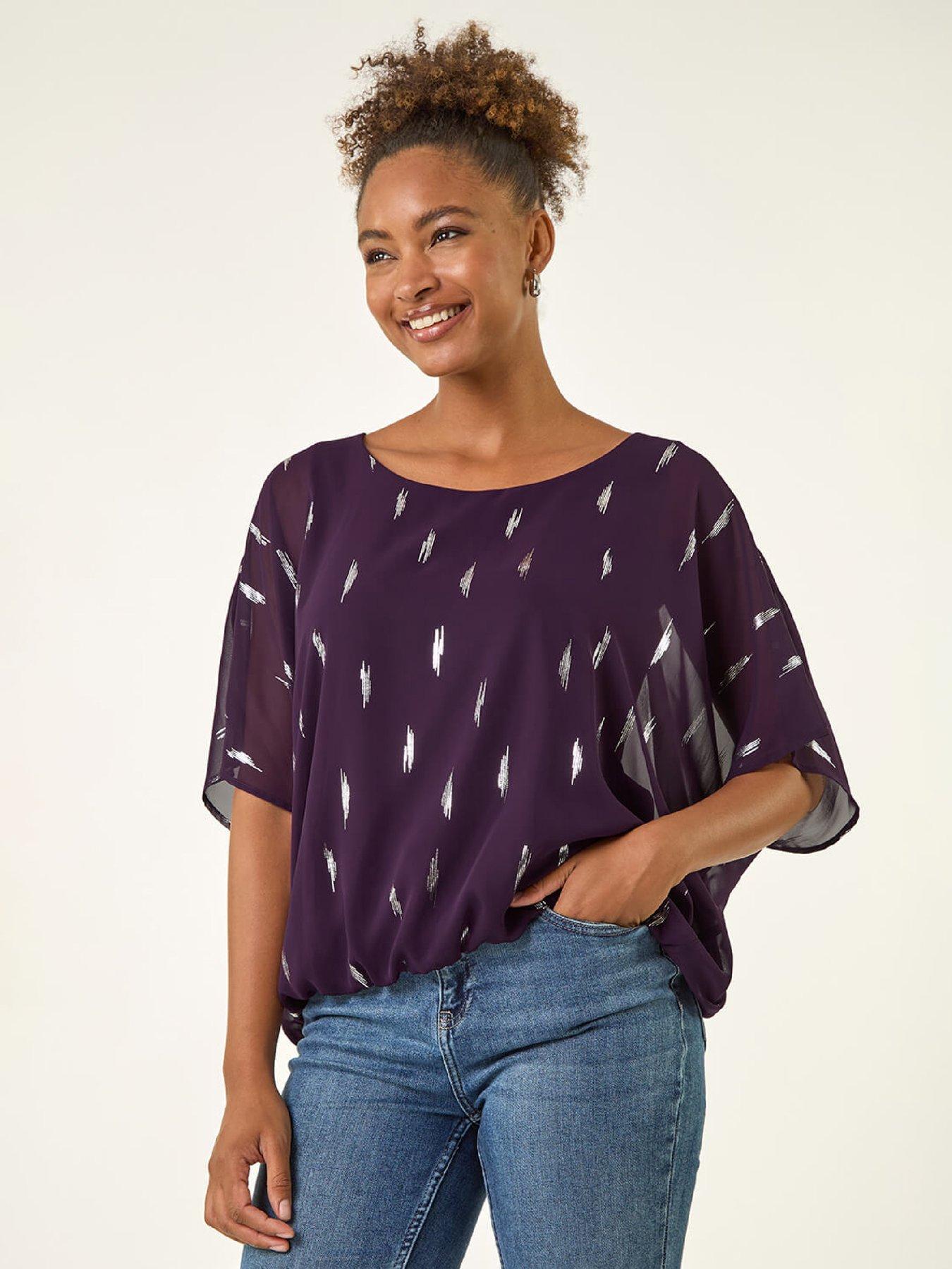 Roman Foil Print Bubble Hem Top - Purple, Purple, Size 18, Women