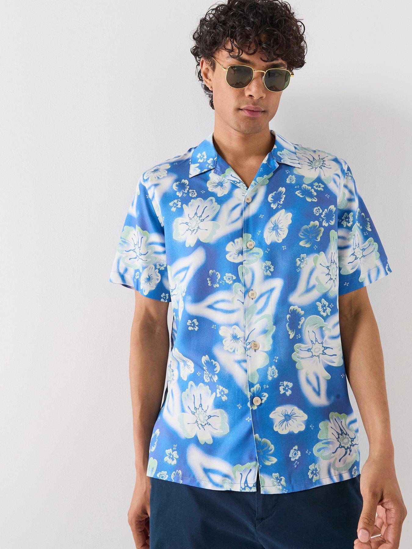 PS PAUL SMITH Casual Fit Open Collar Linen Short Sleeve Shirt - Light Blue