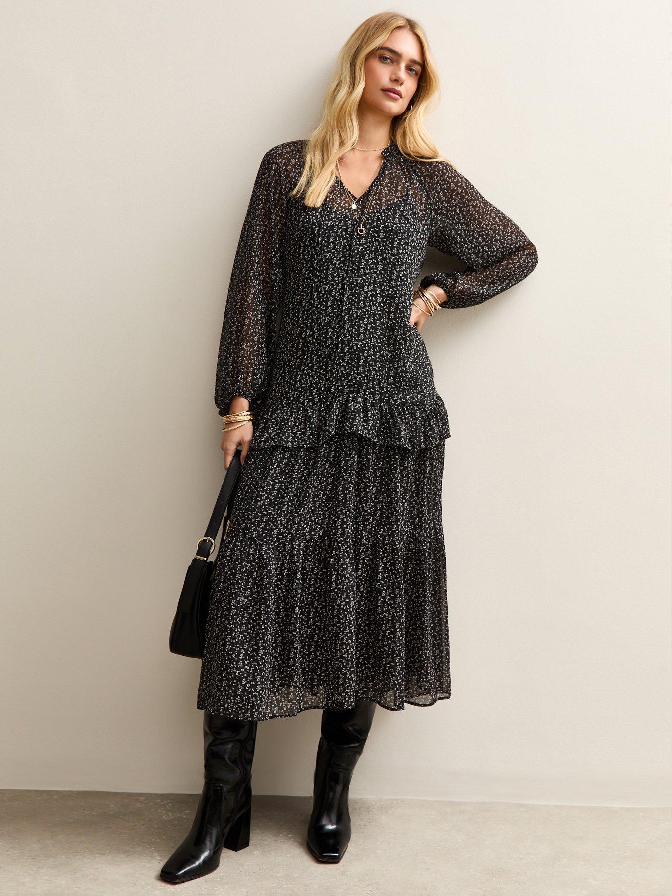 New Look Ditsy Print Ruffle Trim Chiffon Midi Dress - Black