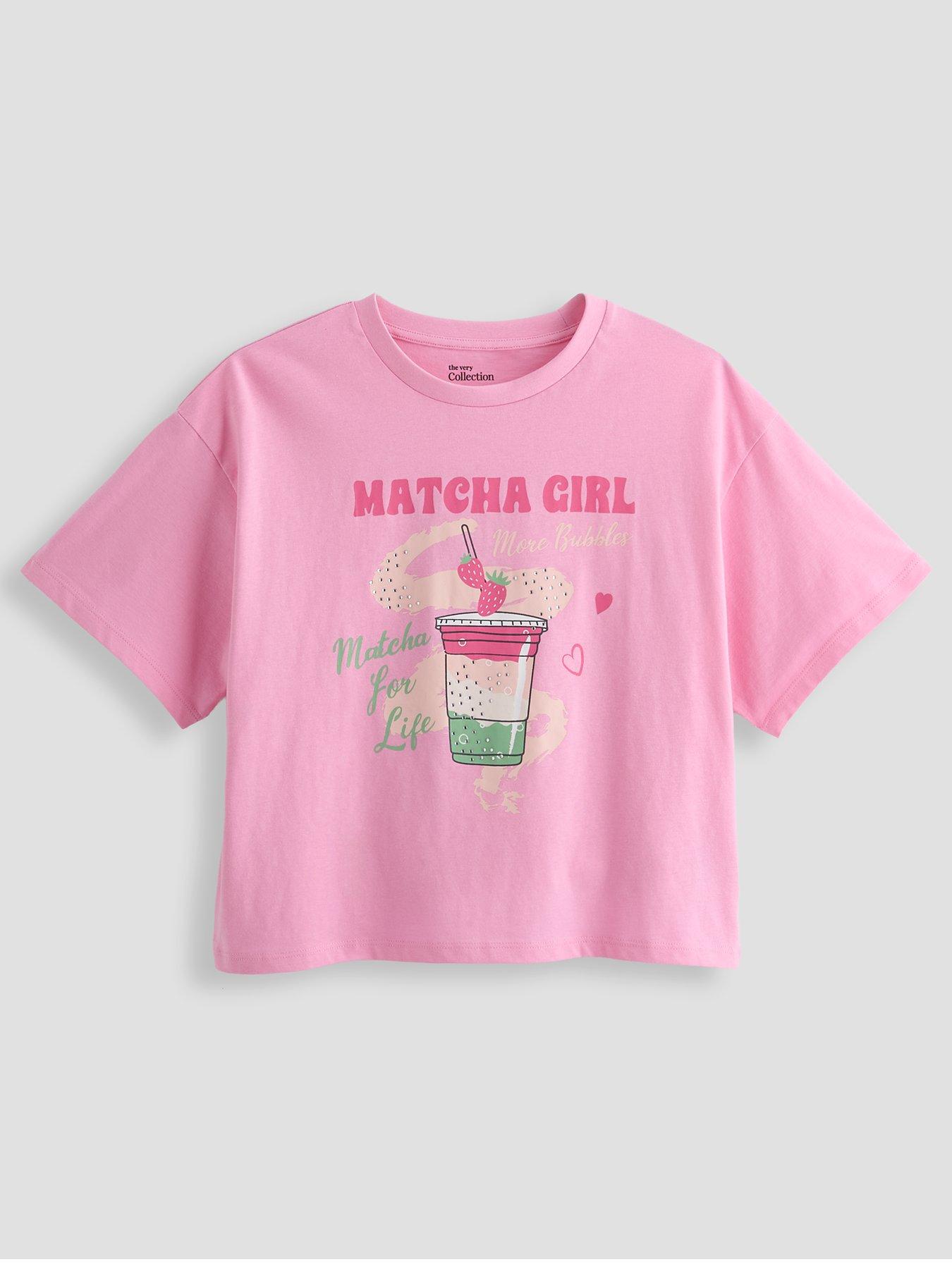 Image 1 of 4 of The Very Collection Girls Embellished Matcha Girl T-shirt - Pink