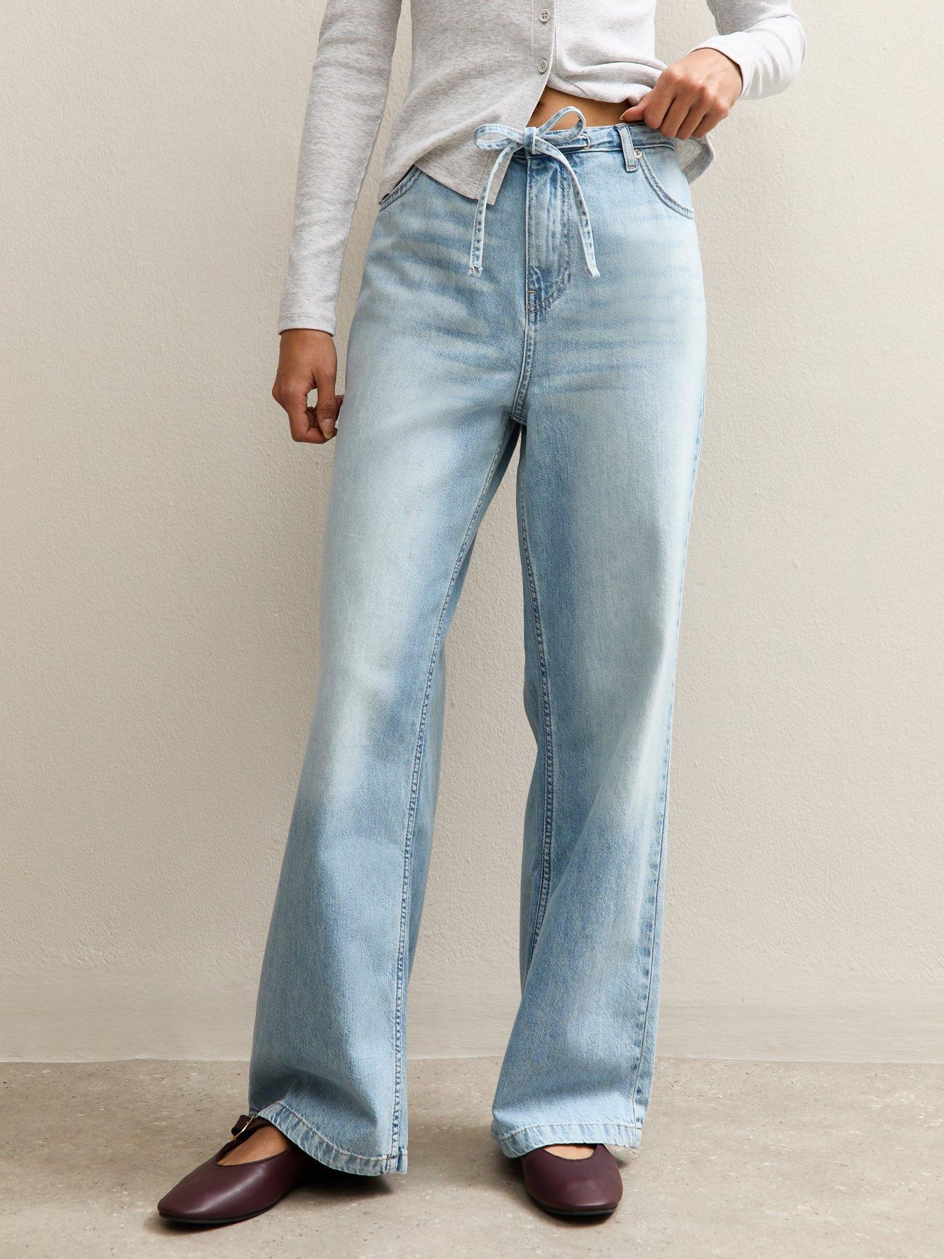 New Look Tie Waist Wide Leg Jeans - Mid Blue