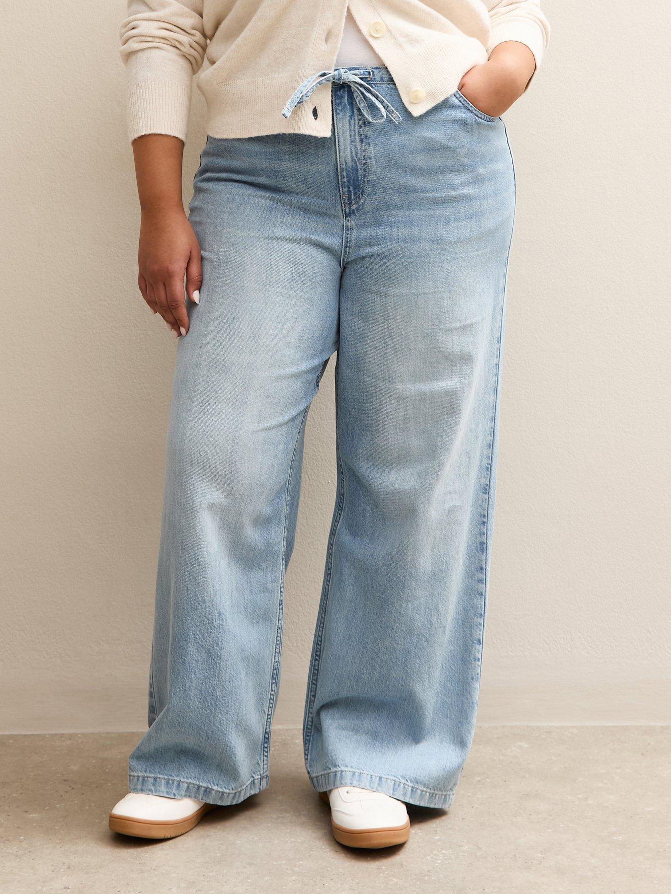 Image 1 of 5 of New Look Curves Drawstring Waist Denim Jeans - Light Blue