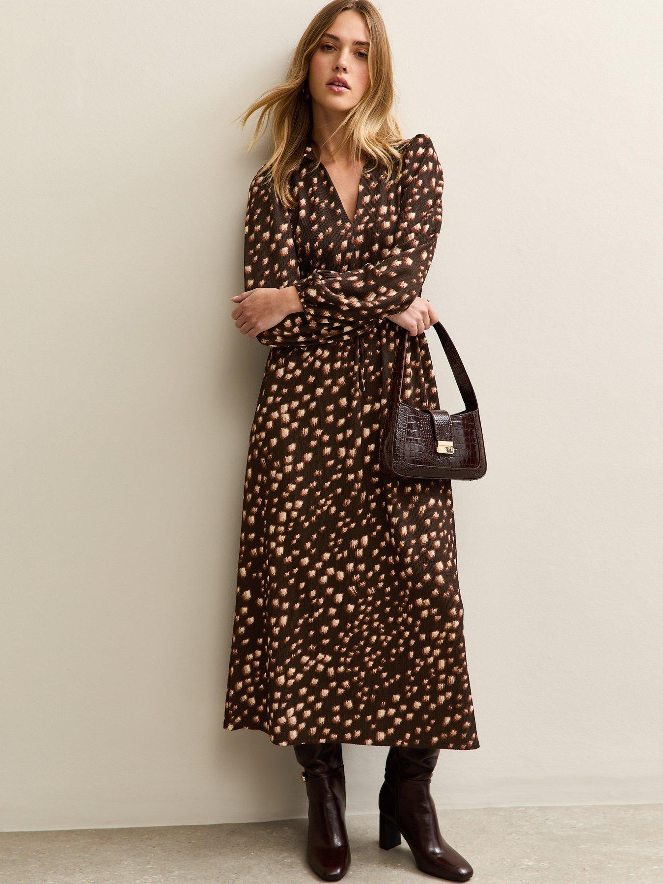 New Look Brown Crinkle Texture Printed Midi Shirt Dress