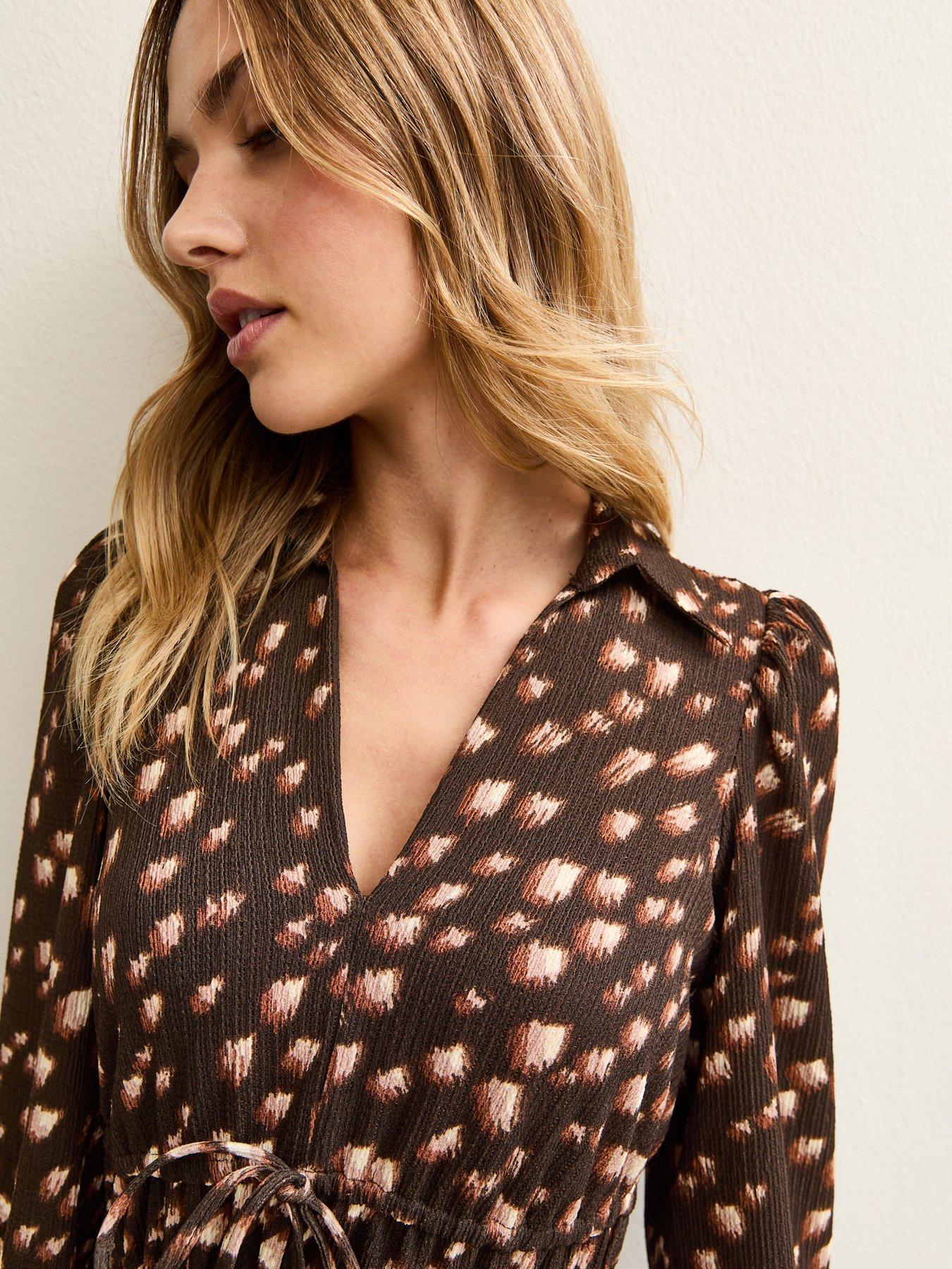 New Look Brown Crinkle Texture Printed Midi Shirt Dress | Very