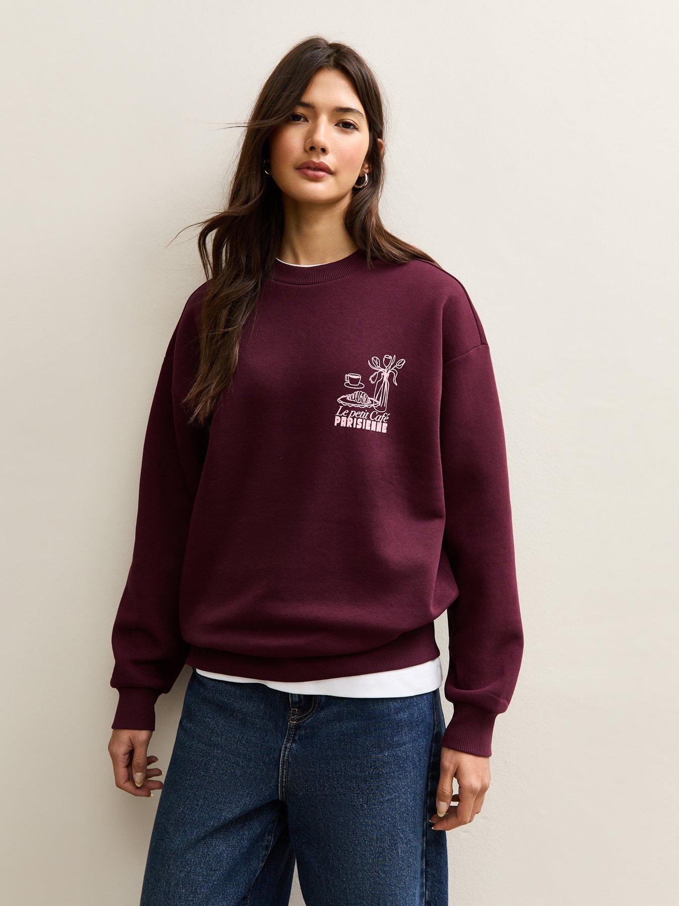 Image 1 of 5 of New Look Dark Burgundy Le Petit Cafe Logo Print Sweatshirt