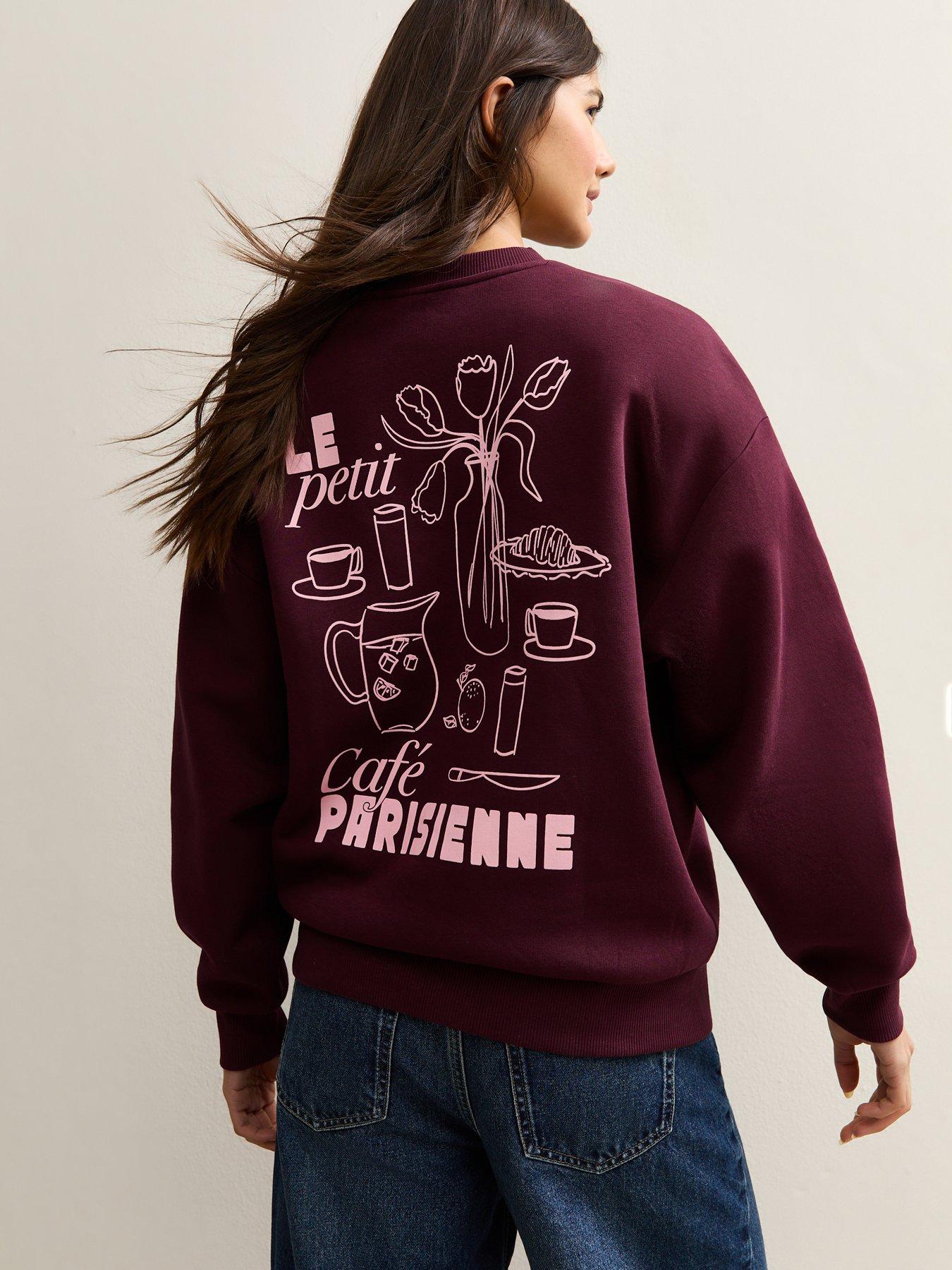 Image 2 of 5 of New Look Dark Burgundy Le Petit Cafe Logo Print Sweatshirt