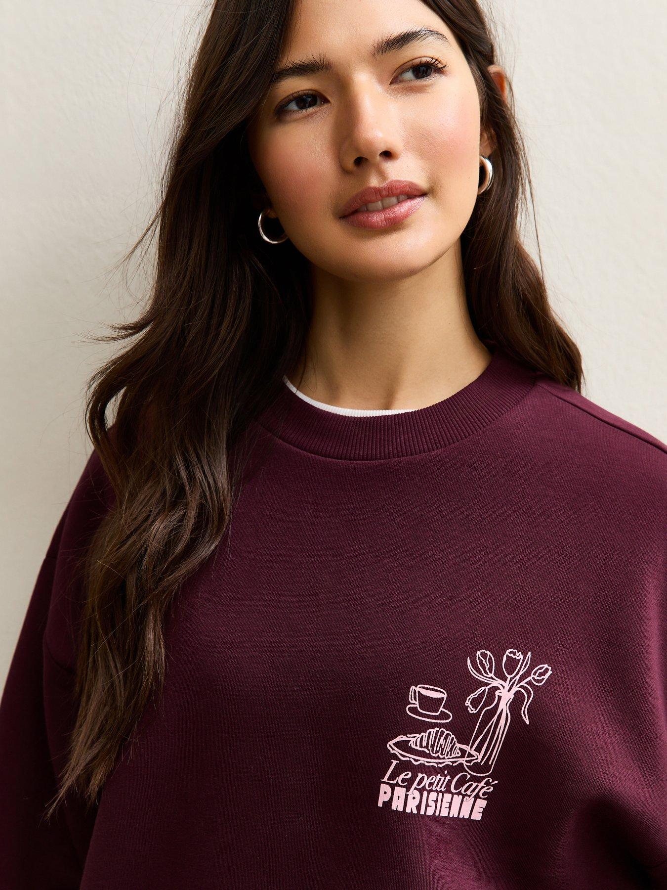 Image 4 of 5 of New Look Dark Burgundy Le Petit Cafe Logo Print Sweatshirt