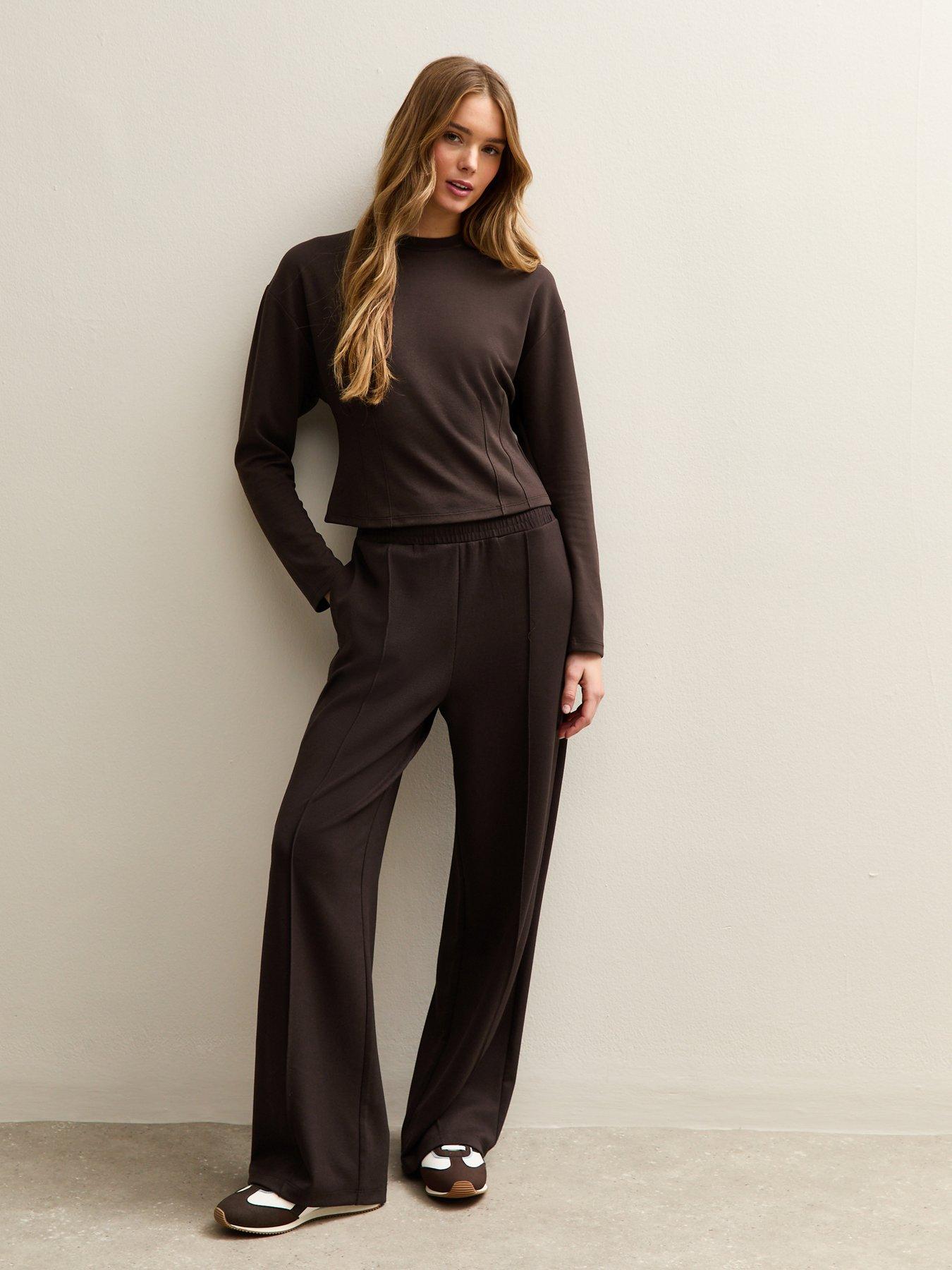 Image 1 of 6 of New Look Soft Touch Front Seam Joggers - Brown
