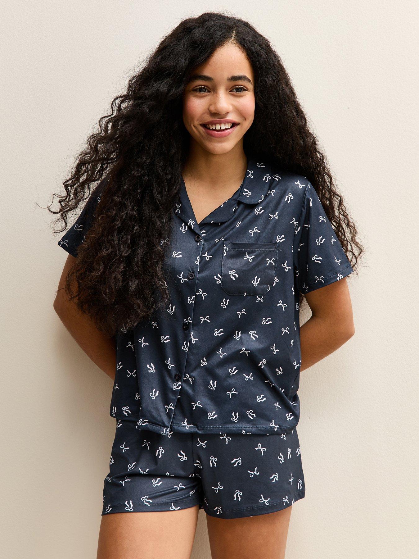 New Look 915: Girls Jersey Bow Print Shirt And Shorts Pyjama Set - Navy