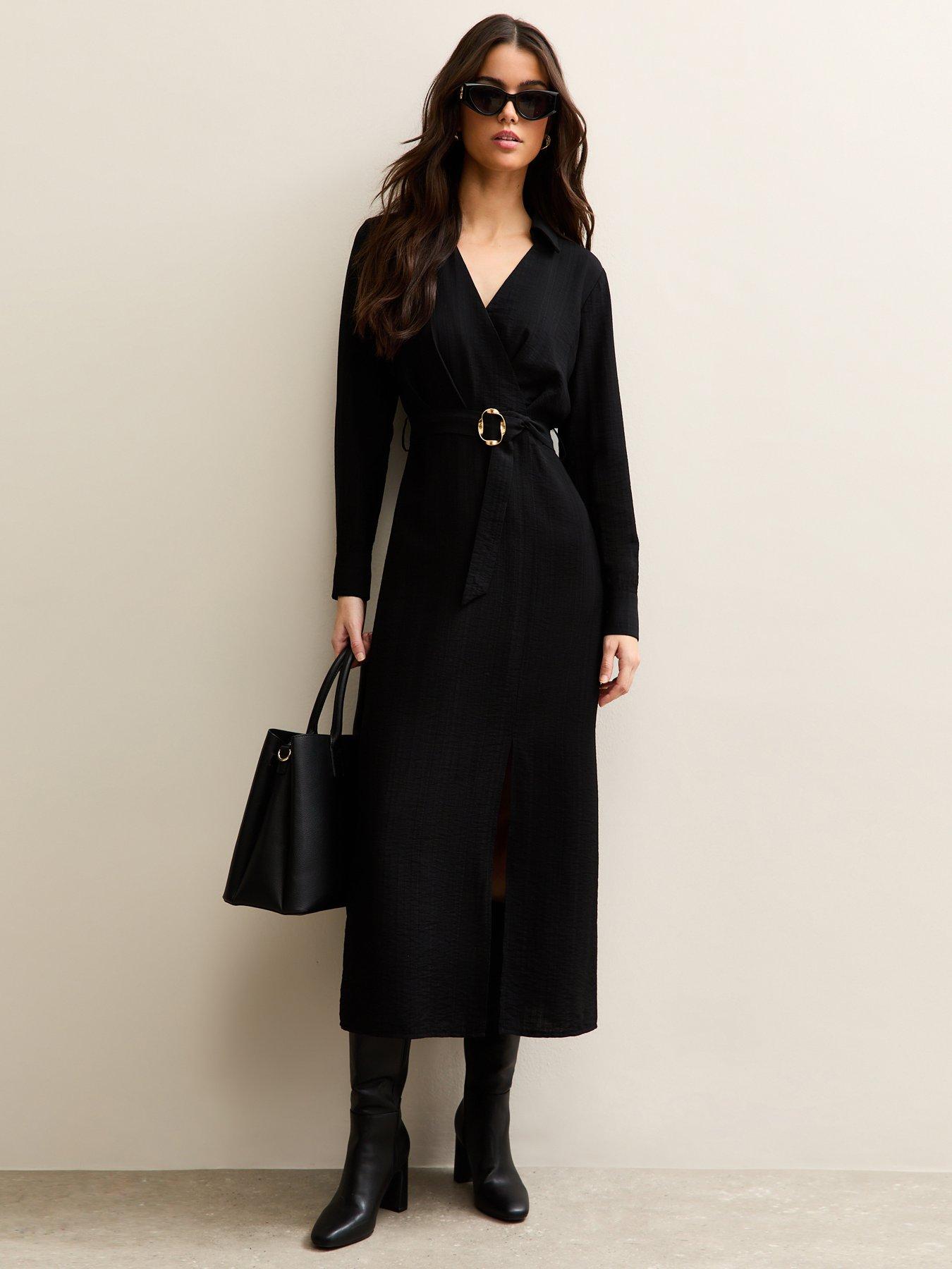 Image 3 of 5 of New Look Belted Wrap Midi Dress - Black
